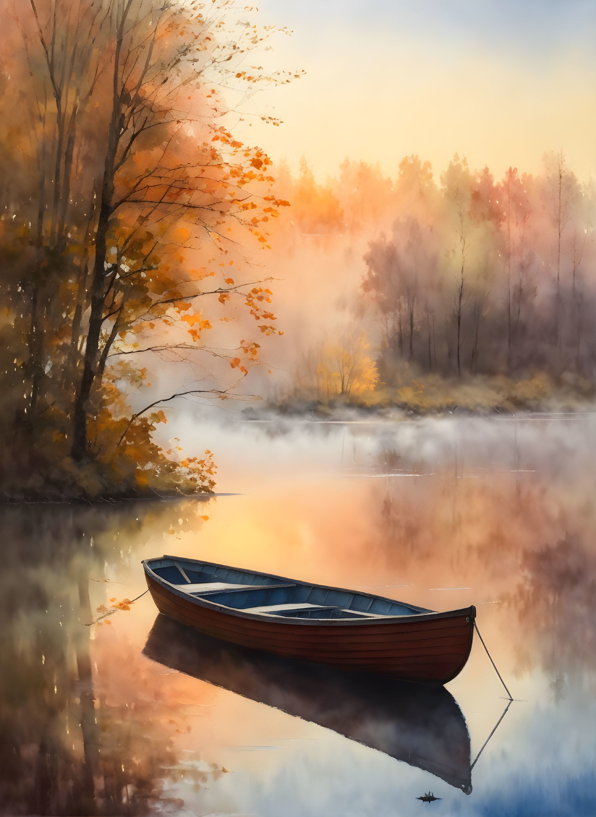 Tranquil autumn lake with colorful trees and misty reflections