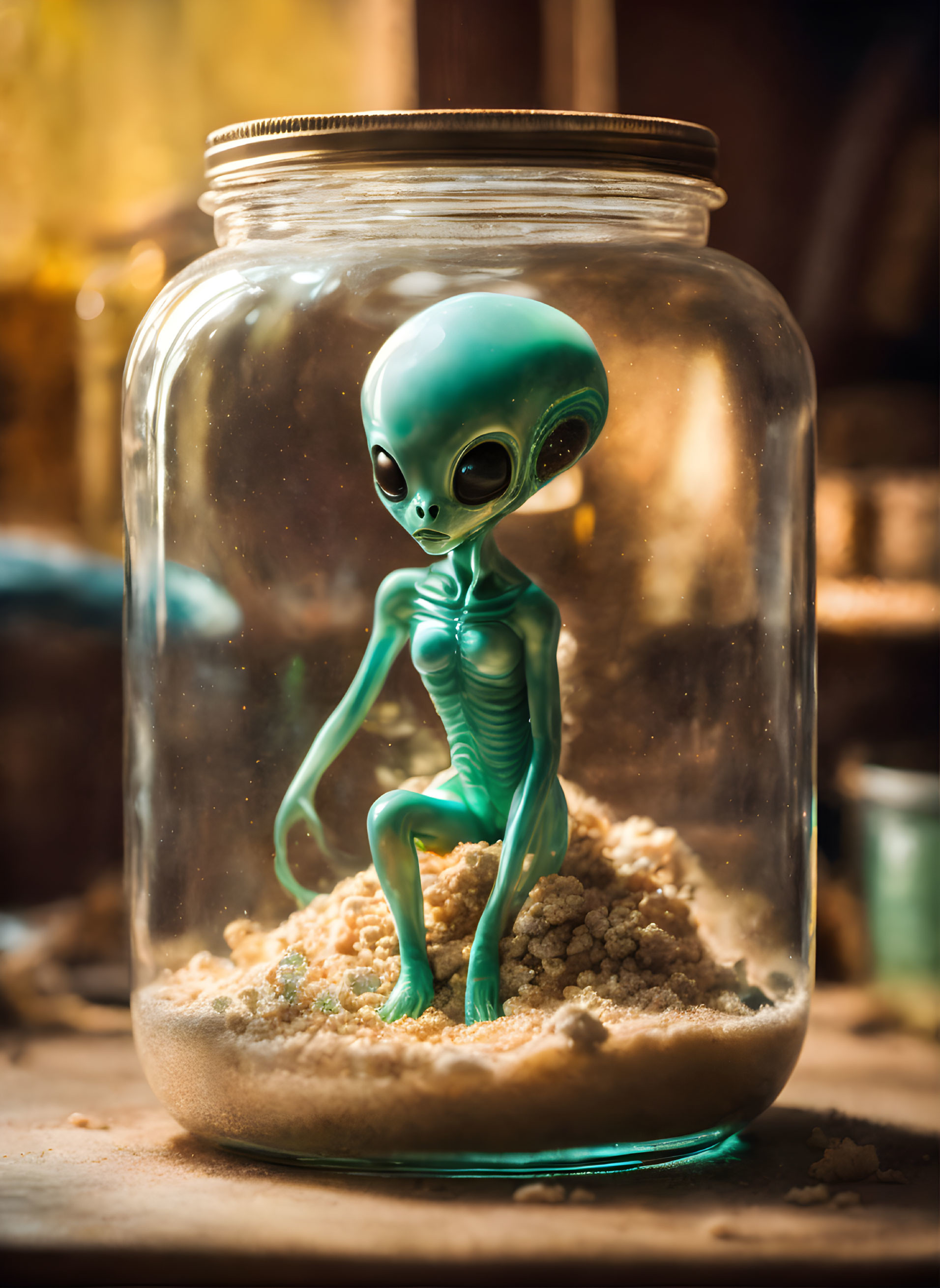 Alien figurine in jar on sandy base with blurred background