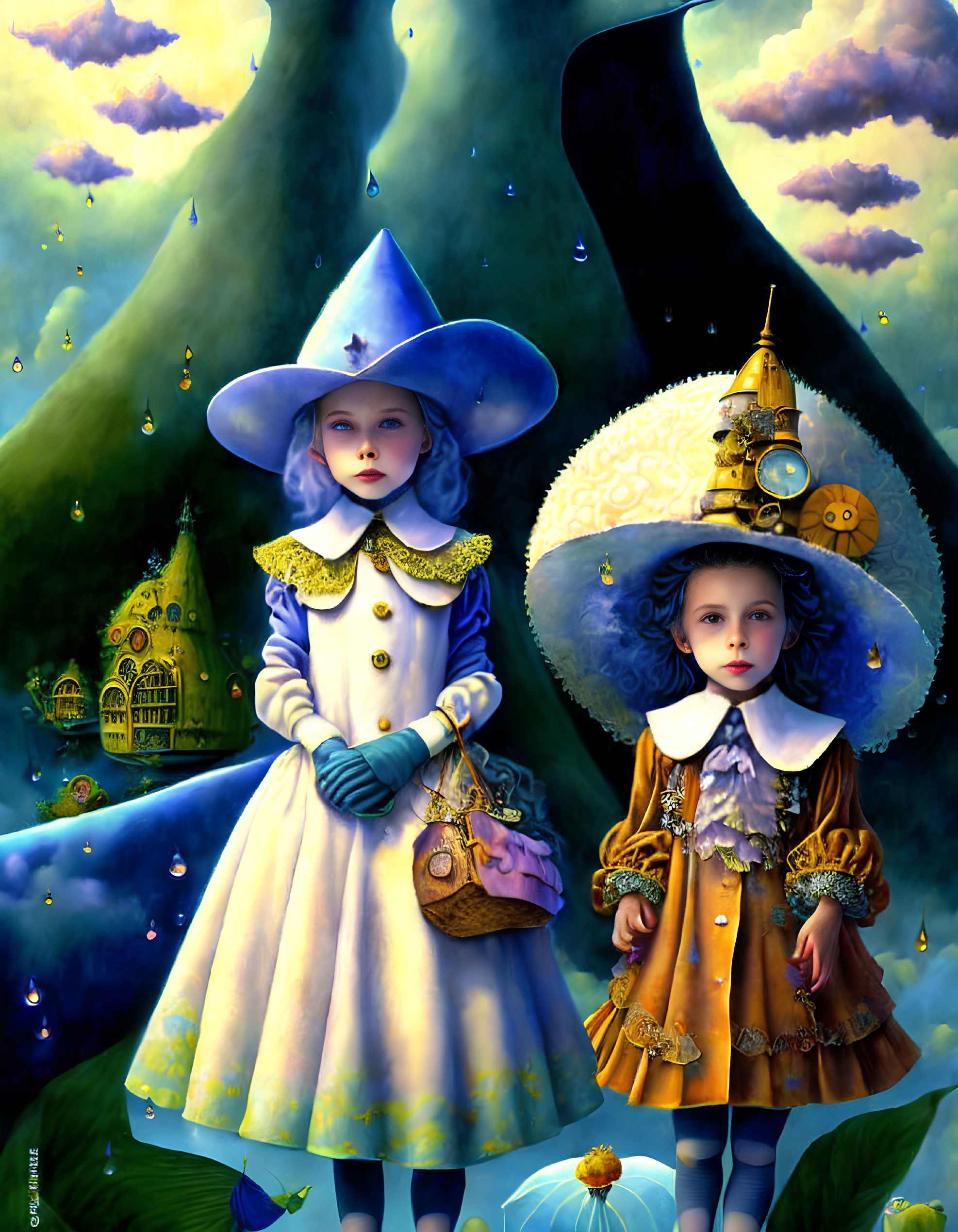 Elegantly dressed children in colorful forest with enchanting houses under starry sky