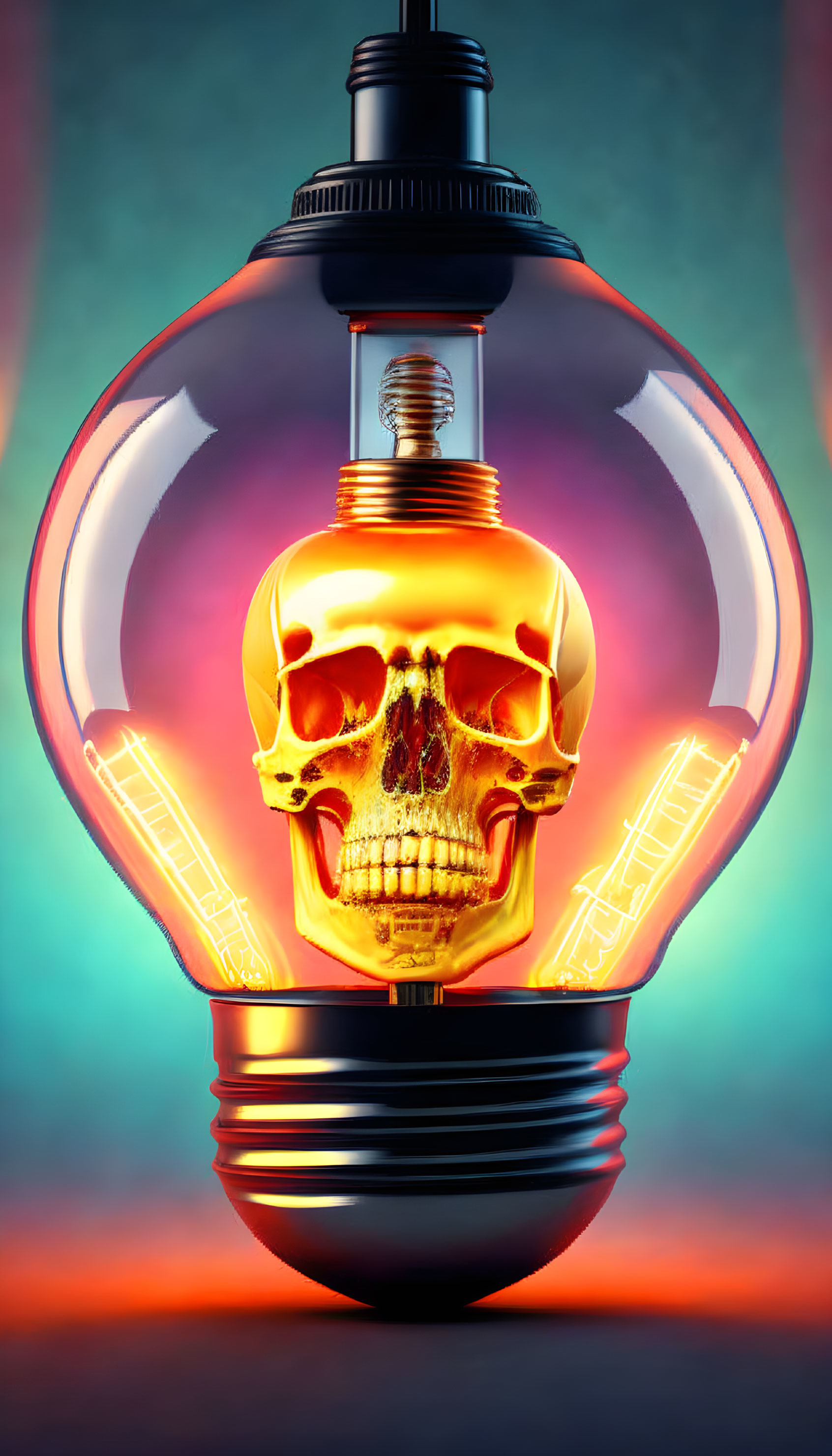 Golden skull in light bulb on gradient background