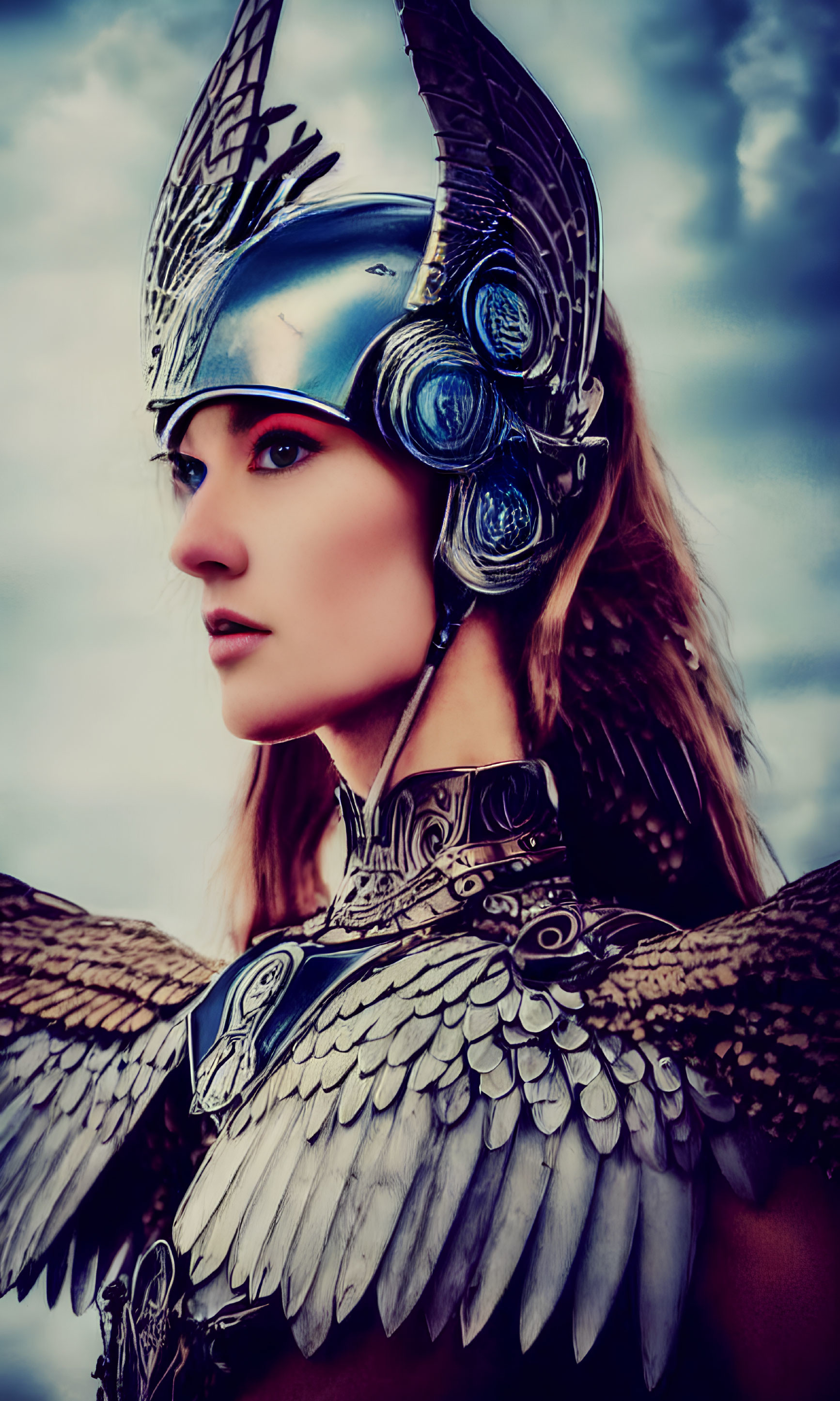 Ornate helmet and armor on figure against cloudy sky