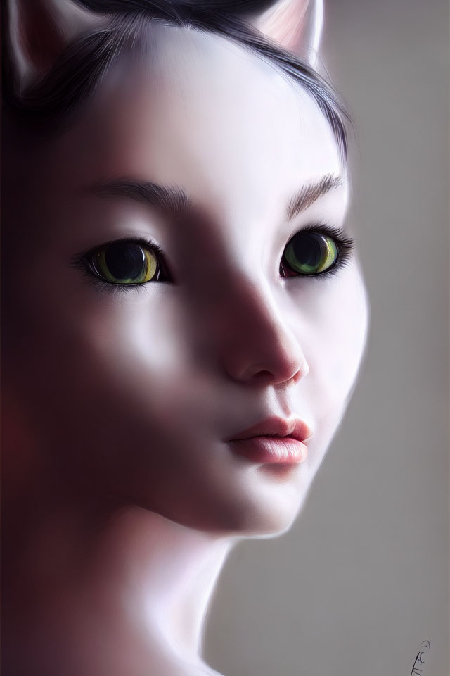 Digital art: Humanoid face with cat features and green eyes