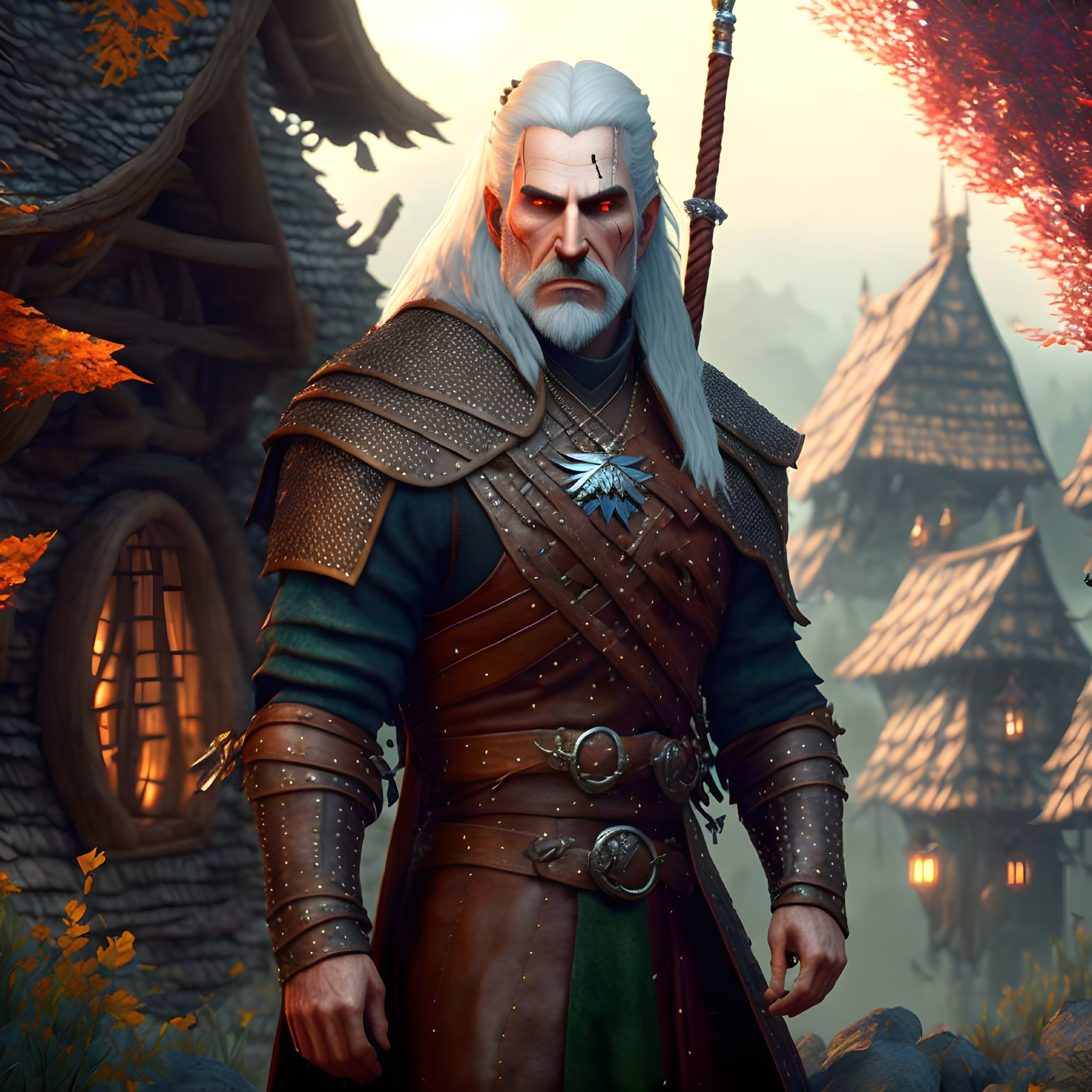 Medieval armored man with white hair and wolf medallion in autumn village