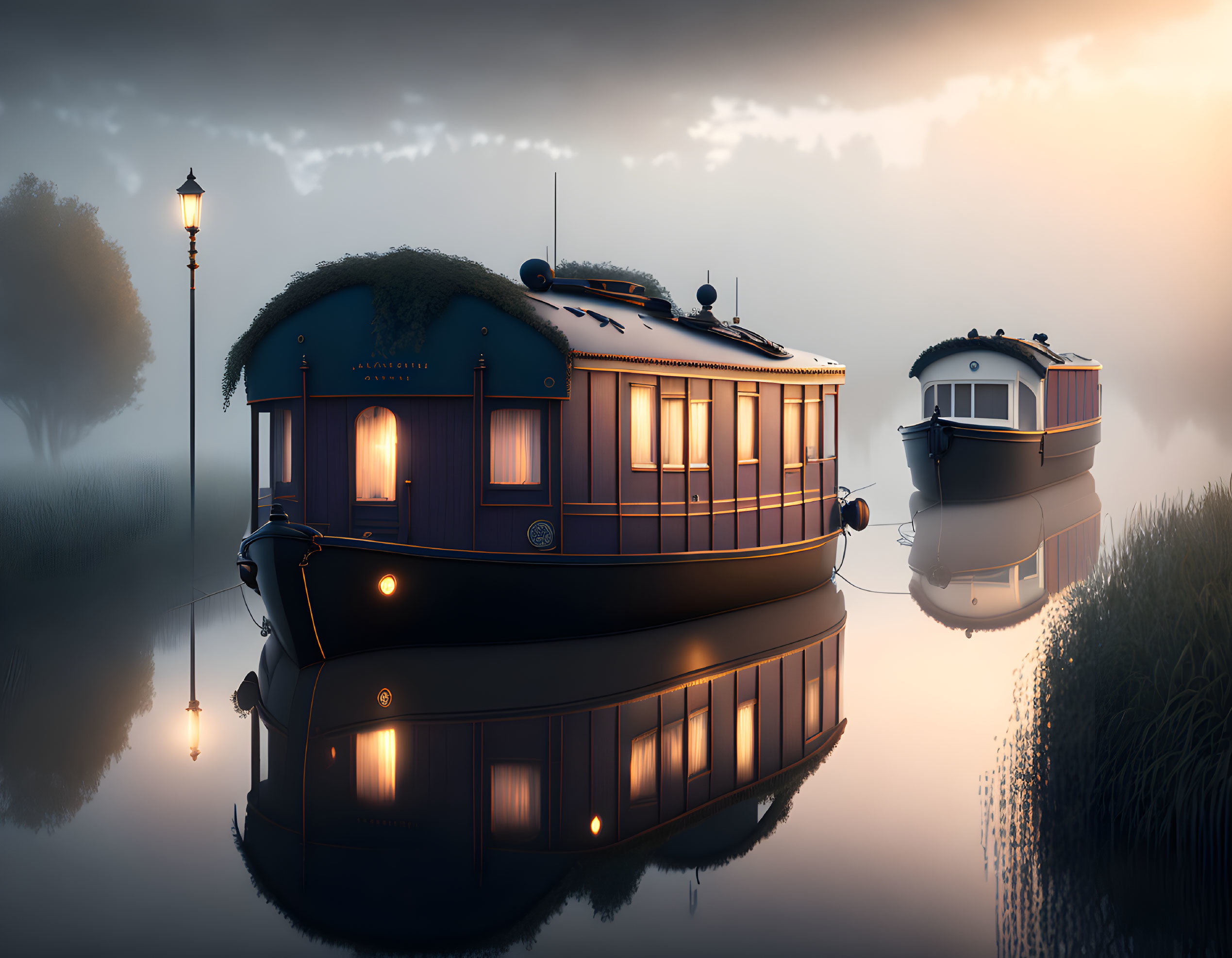 Misty river scene: two boats, warm lights, glowing lamp