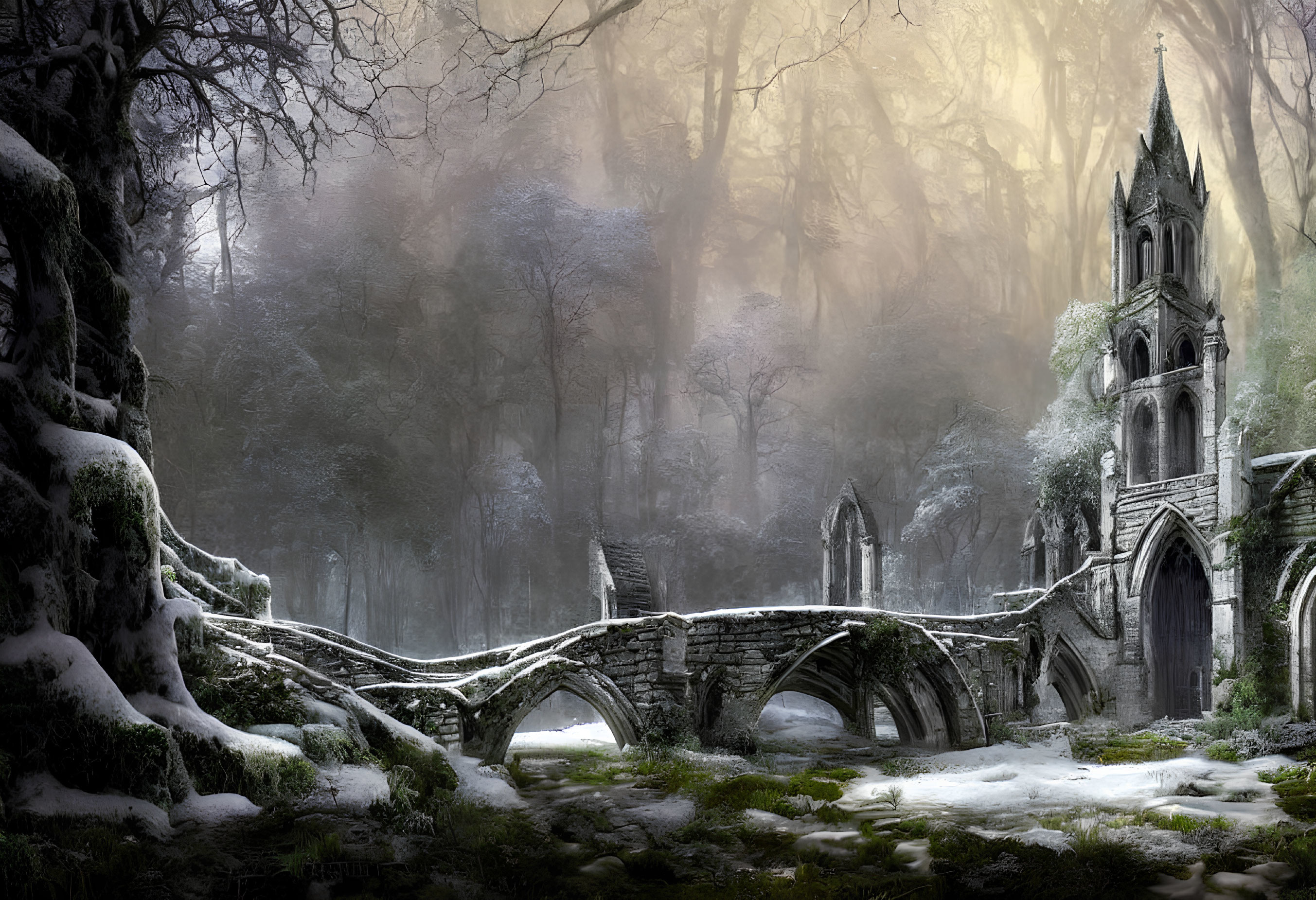 Snow-covered bridge and gothic ruins in misty forest with sun rays.