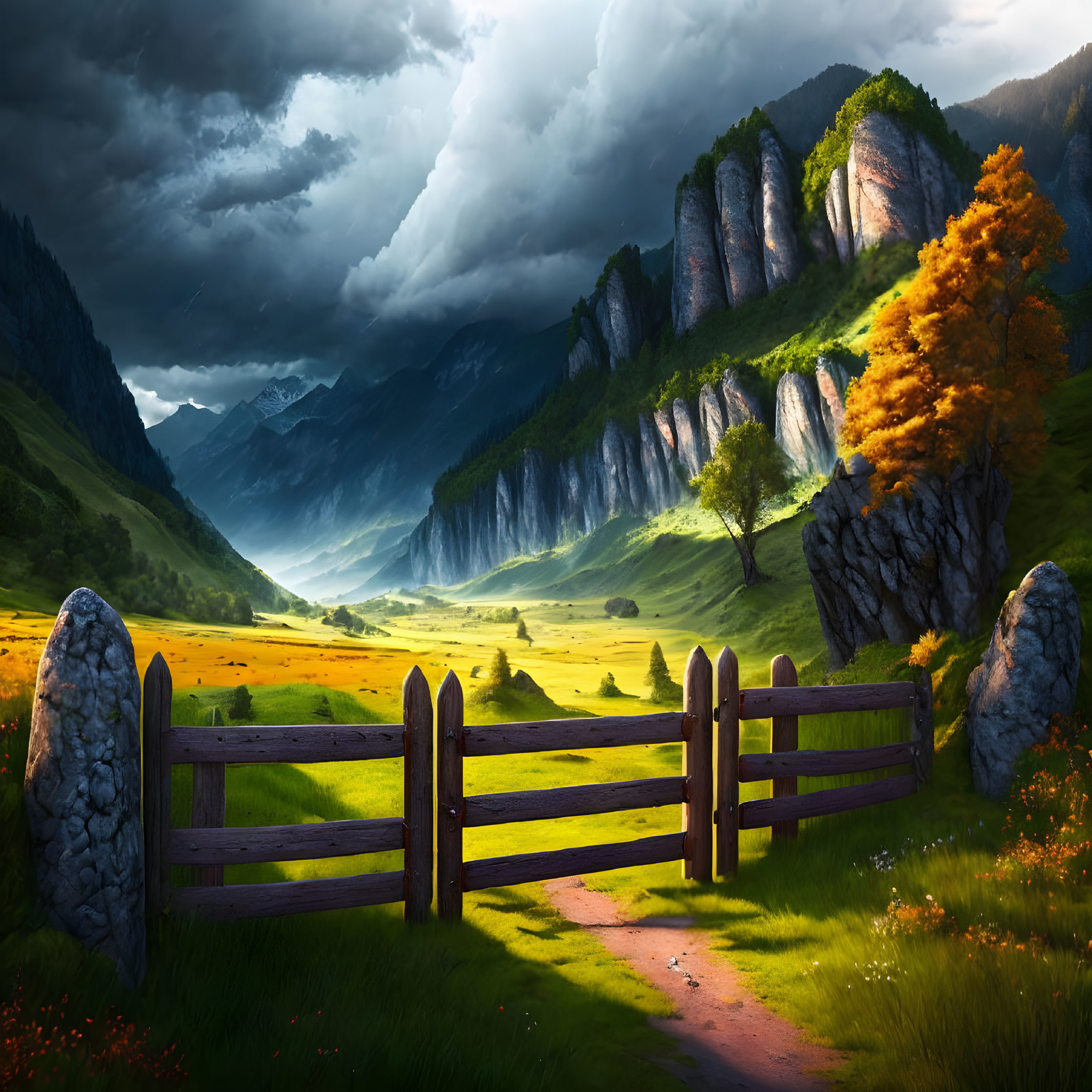 Scenic landscape with wooden fence, lush valley, vibrant trees, cliffs, dynamic sky