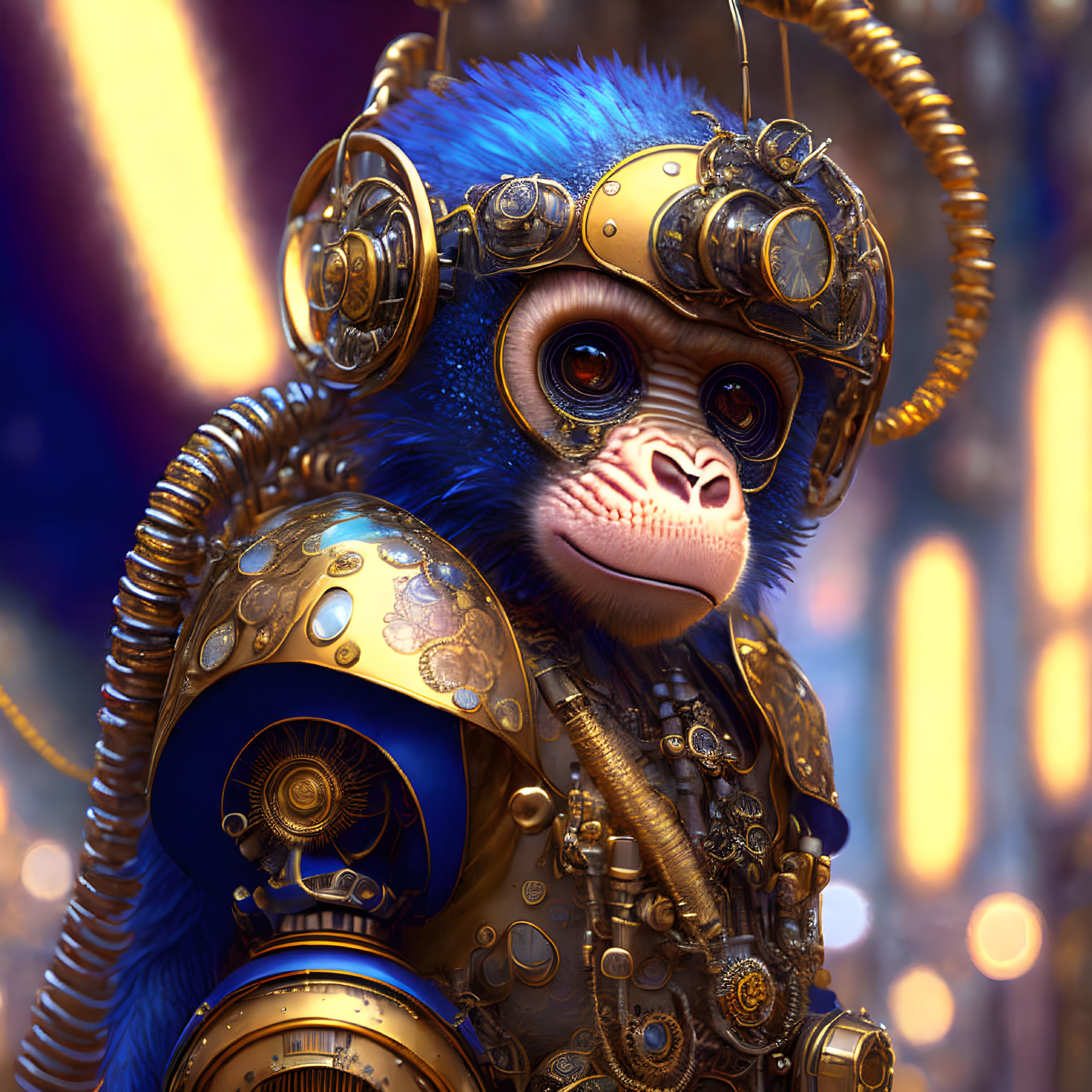 Detailed digital artwork of mechanical monkey with intricate gears on glowing background