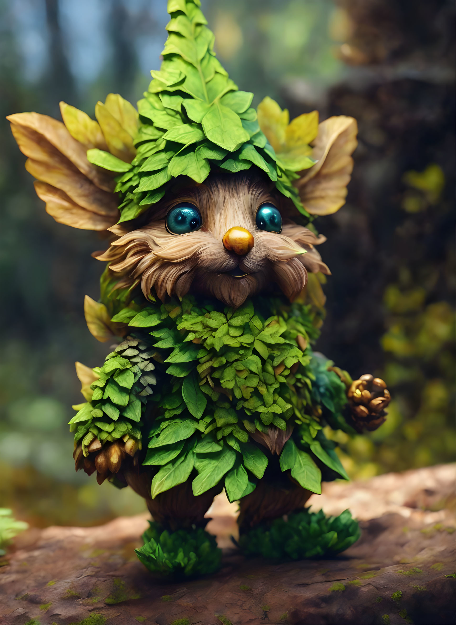 Whimsical creature with large ears and blue eyes in leafy green armor on wooden surface