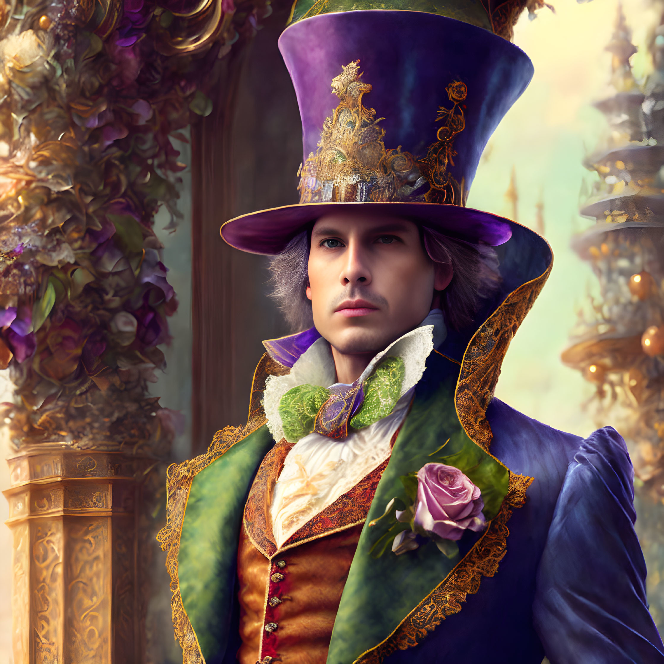 Regal man in purple jacket and top hat with gold embroideries posing nobly.