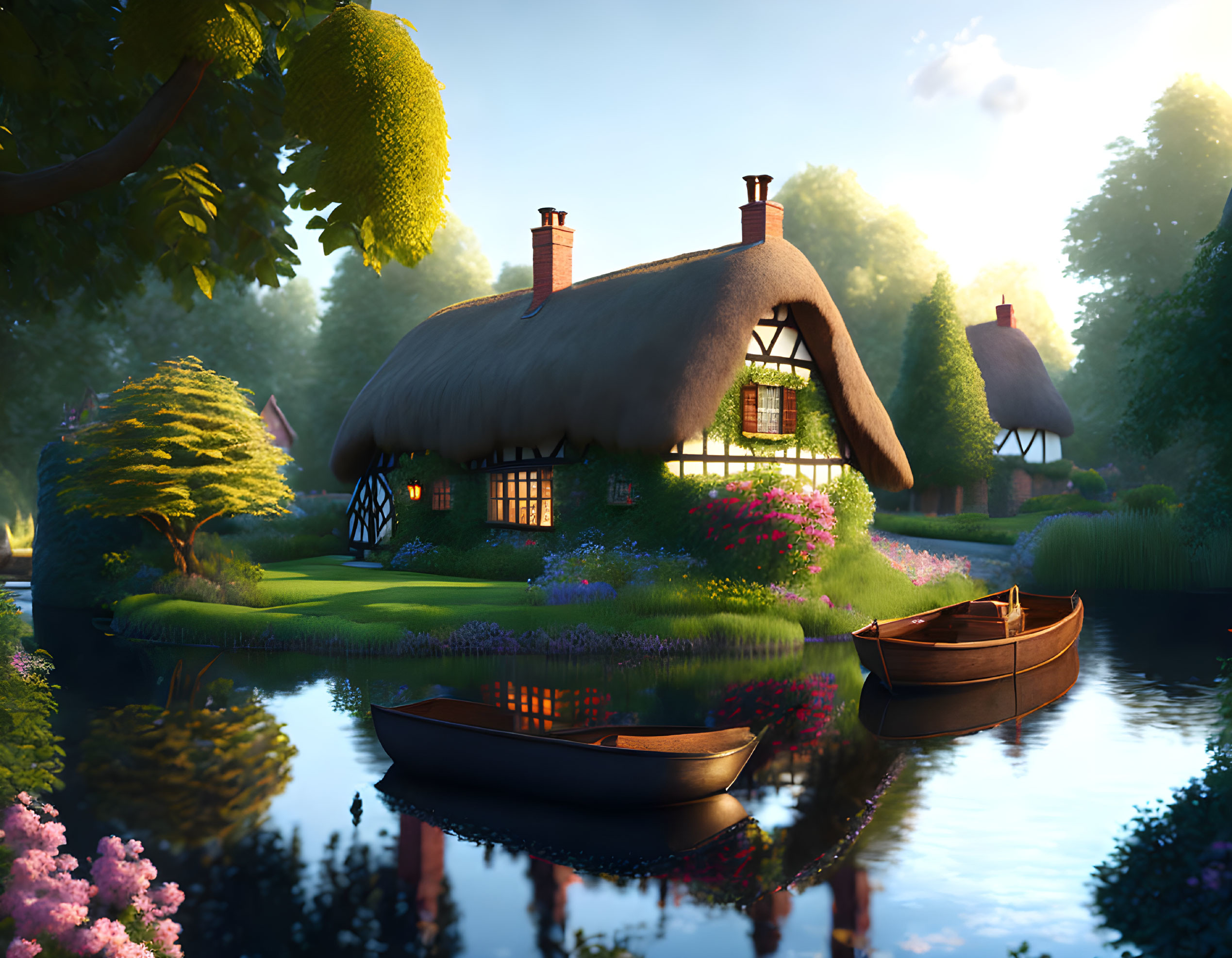 Thatched-Roof Cottage by Serene Lake at Sunset