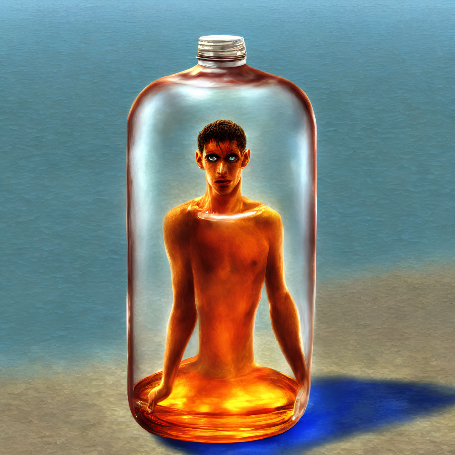 Digital artwork of shirtless man trapped in golden liquid bottle