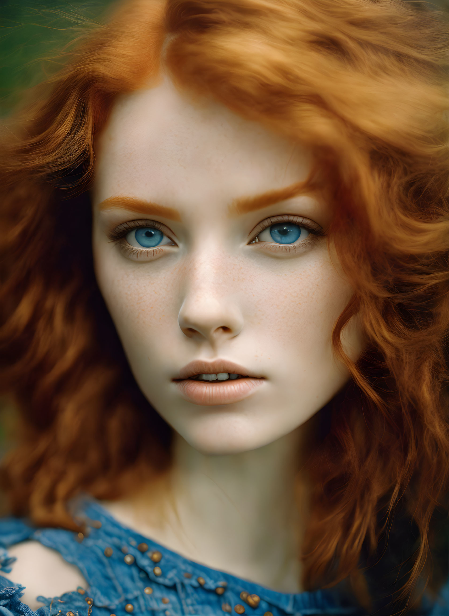 Portrait of woman with red curly hair, blue eyes, freckles, neutral expression, wearing blue