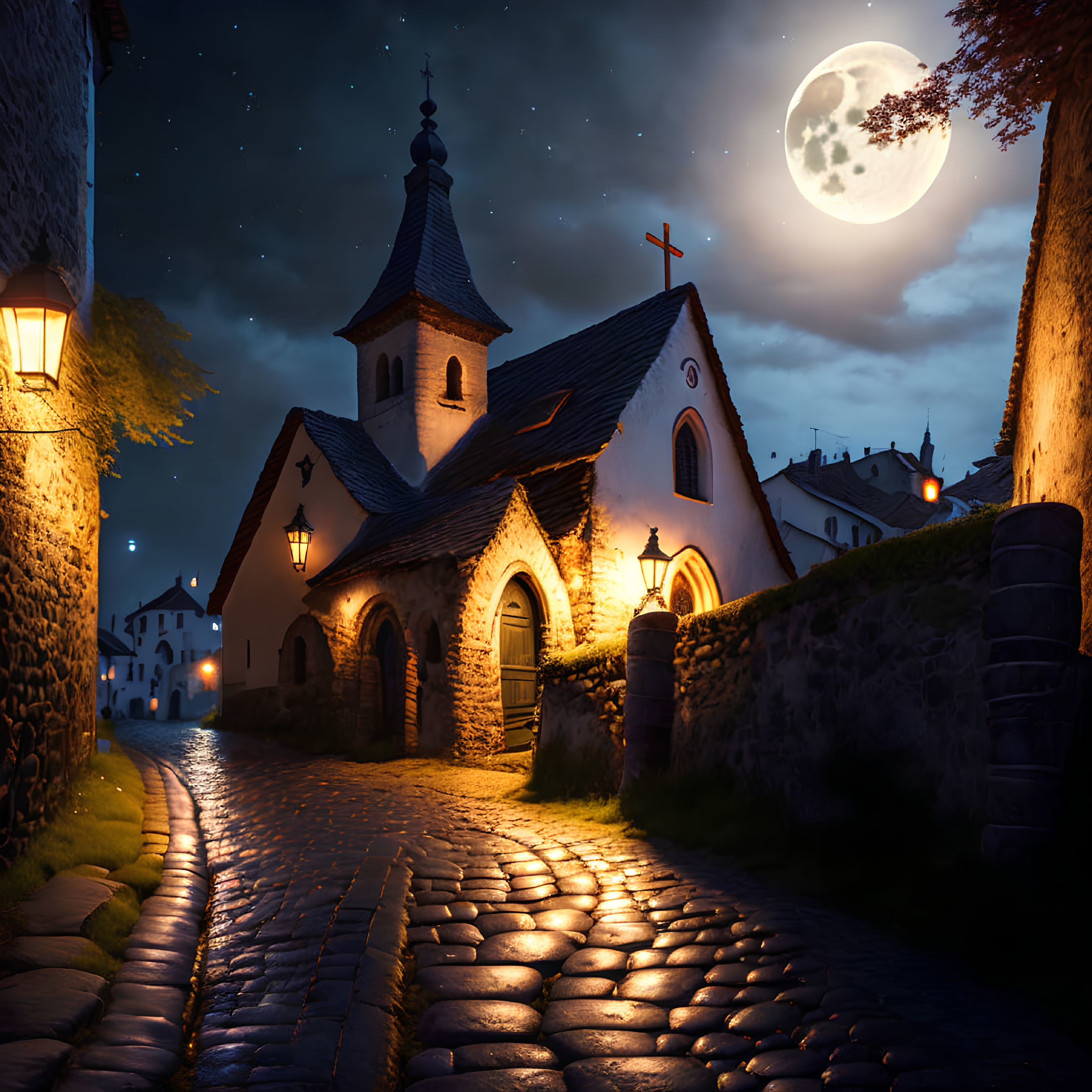 Medieval church illuminated by lanterns under starry night sky