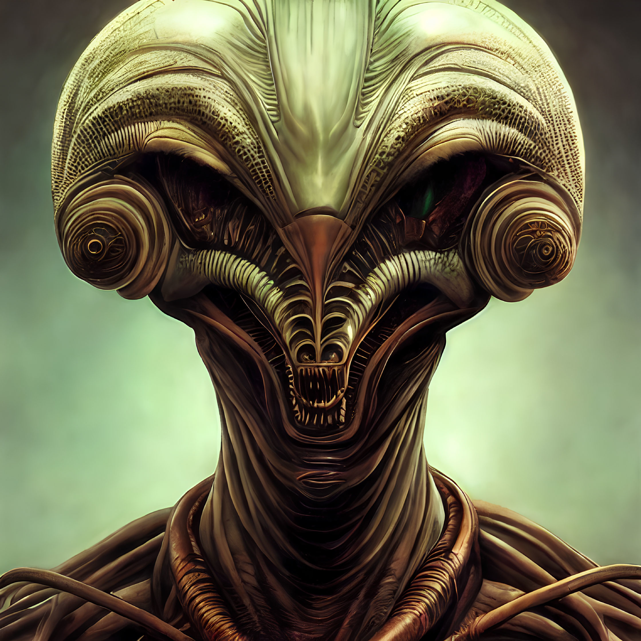 Detailed alien with ridged forehead and pointed teeth on green background