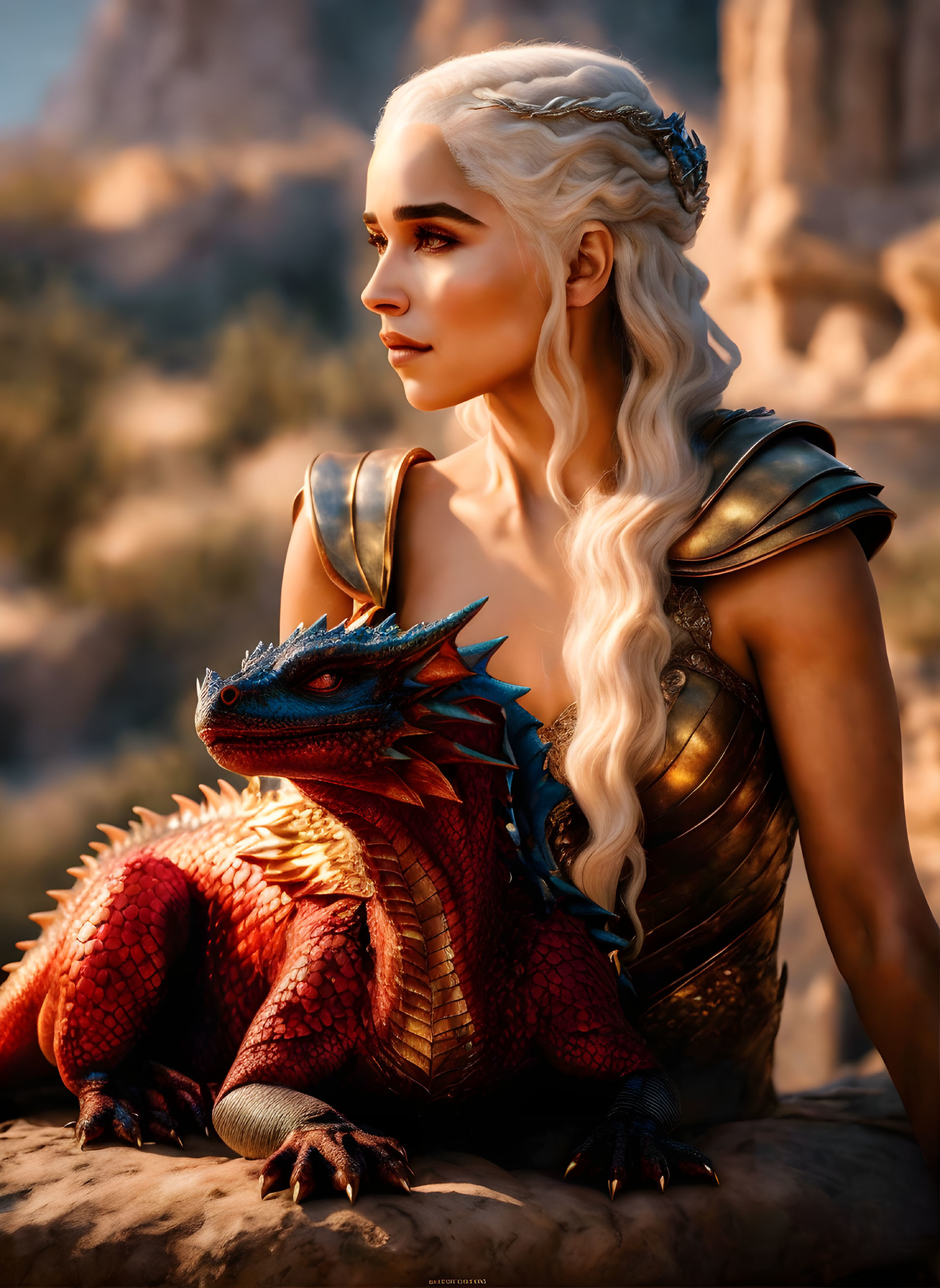 Platinum Blonde Woman with Dragon in Rocky Terrain