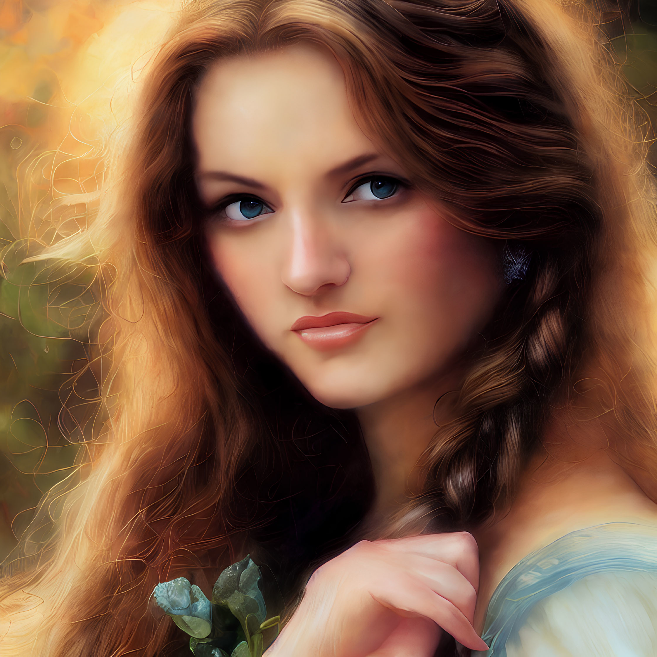 Portrait of woman with wavy hair and blue eyes holding a flower in autumnal setting