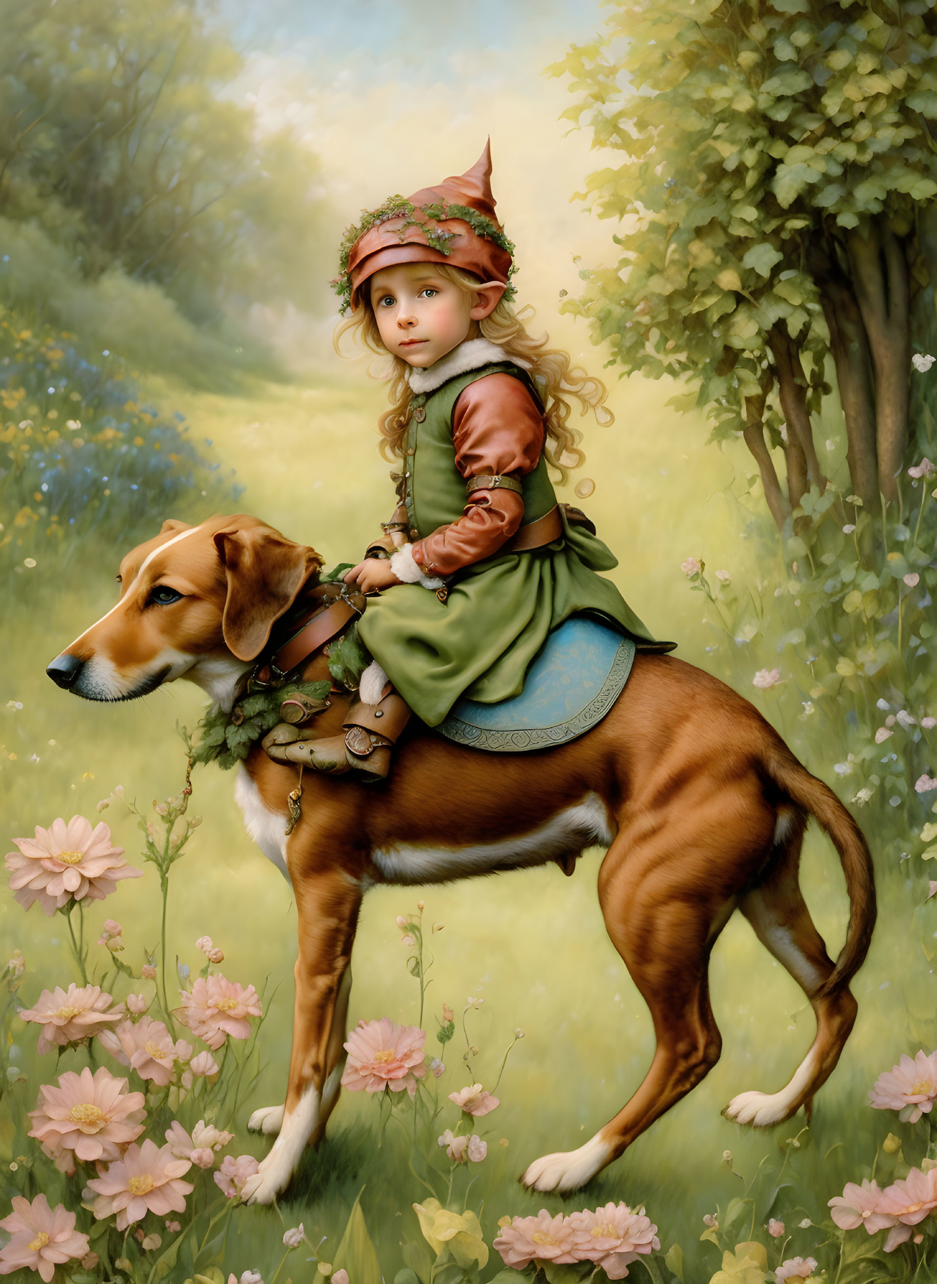 Child in whimsical attire riding large dog through flower-filled meadow