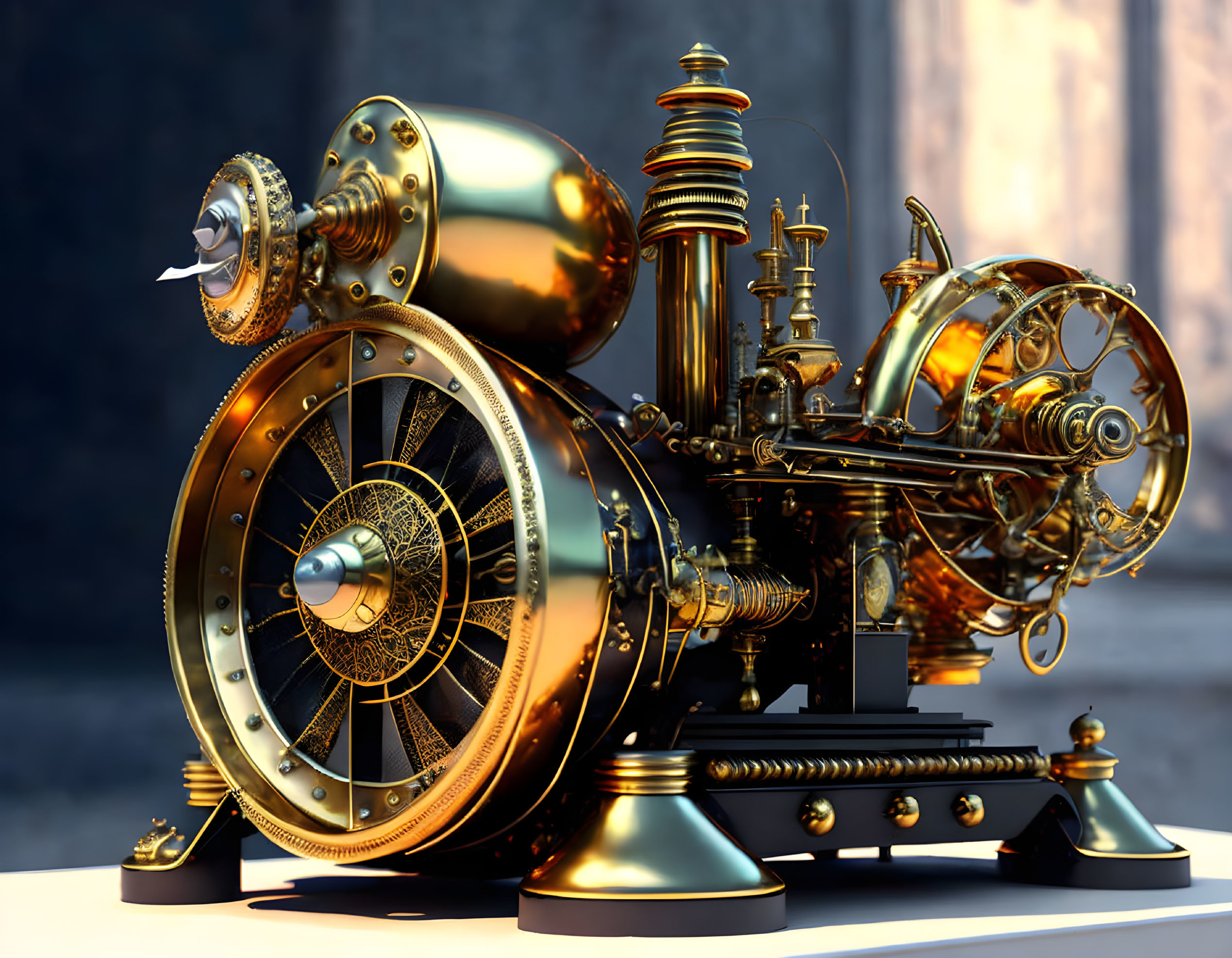 Detailed steampunk machine with brass gears, pipes, and large wheel on blurred background