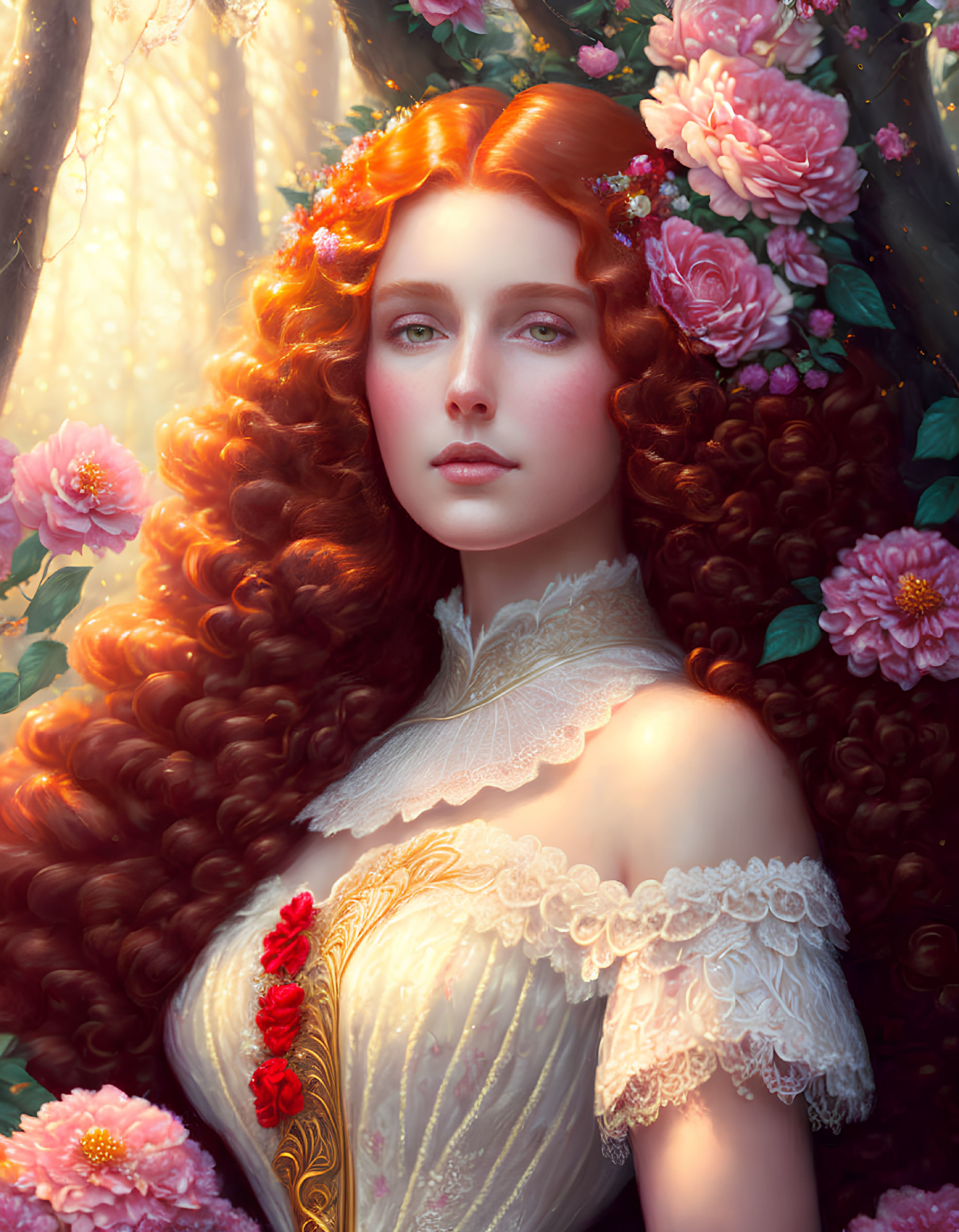 Digital painting of woman with curly red hair in vintage lace dress against forest backdrop