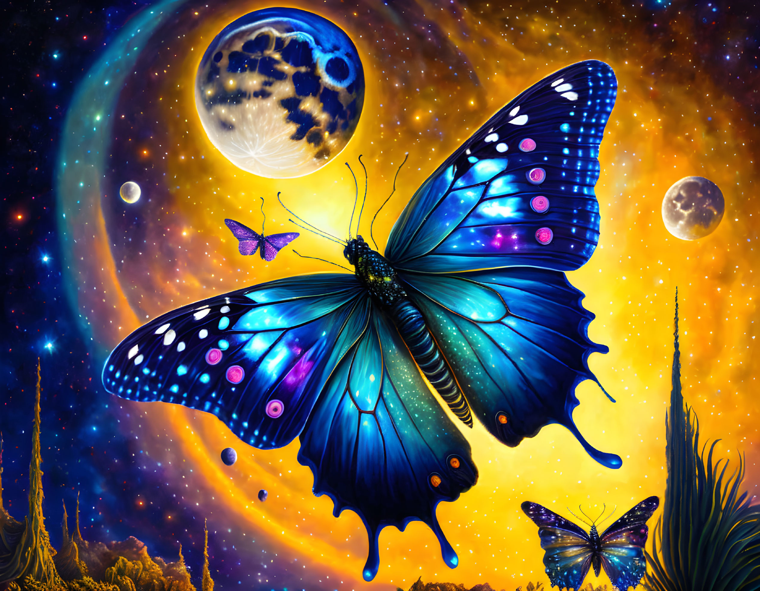 Colorful Blue Butterfly with Cosmic Patterns on Wings in Starry Space Backdrop