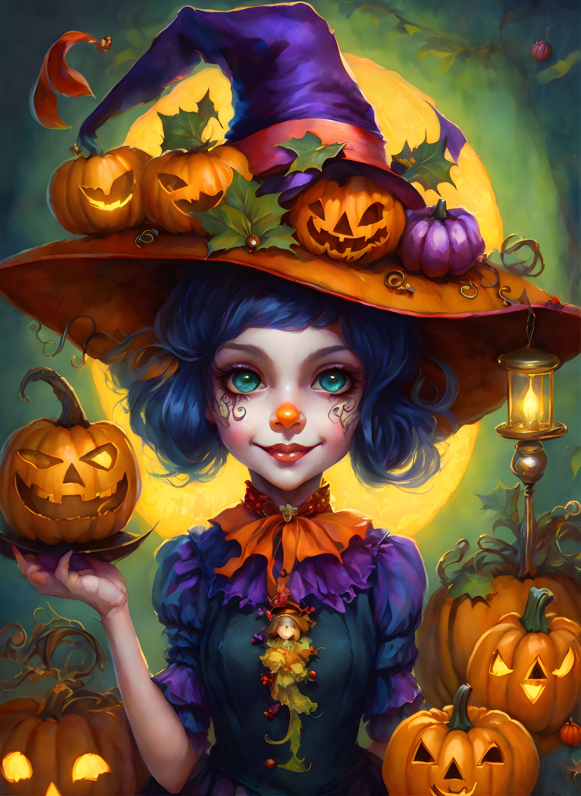 Colorful Halloween-themed character with blue hair, clown makeup, jack-o'-lantern, pumpkins