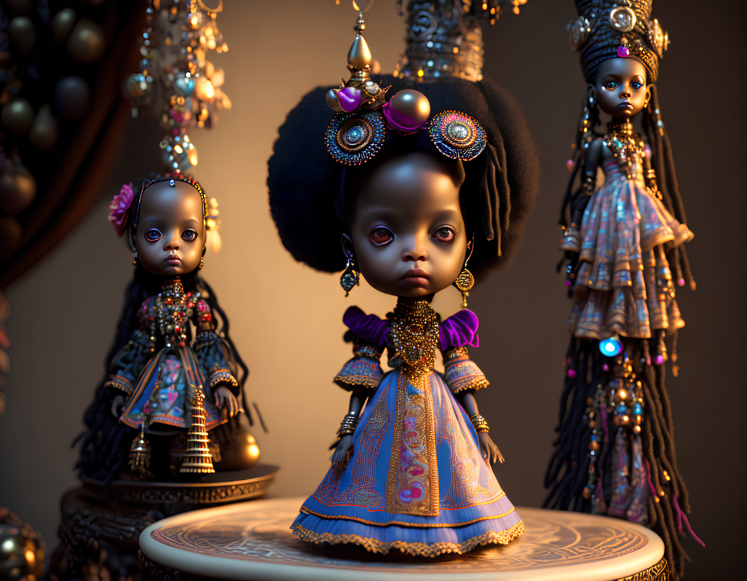 Three Gothic-Styled Dolls in Elaborate Costumes