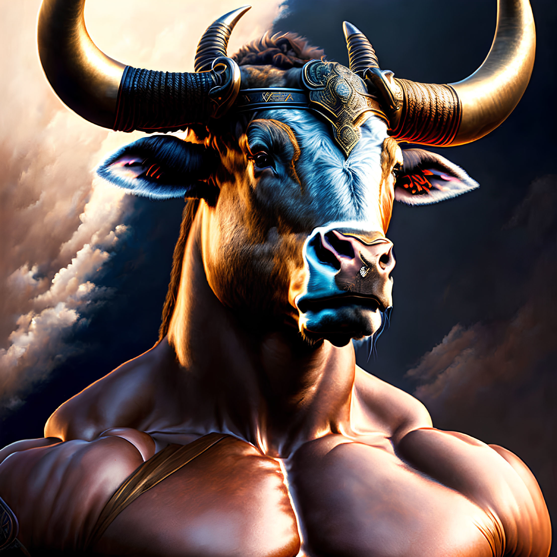 Muscular man-bodied bull-headed creature in cloudy sky scene