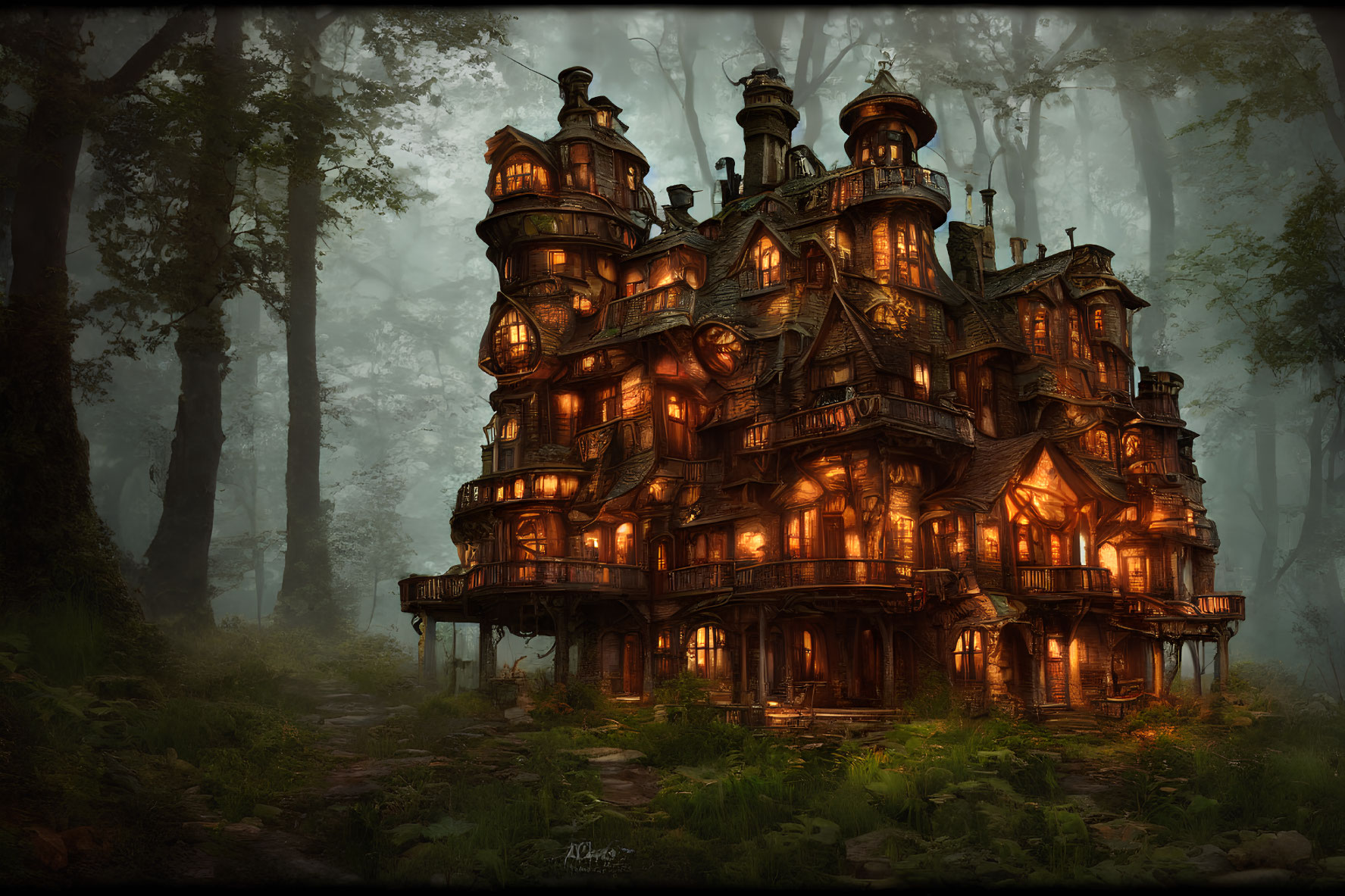 Detailed Multi-Story Fantasy House in Misty Forest