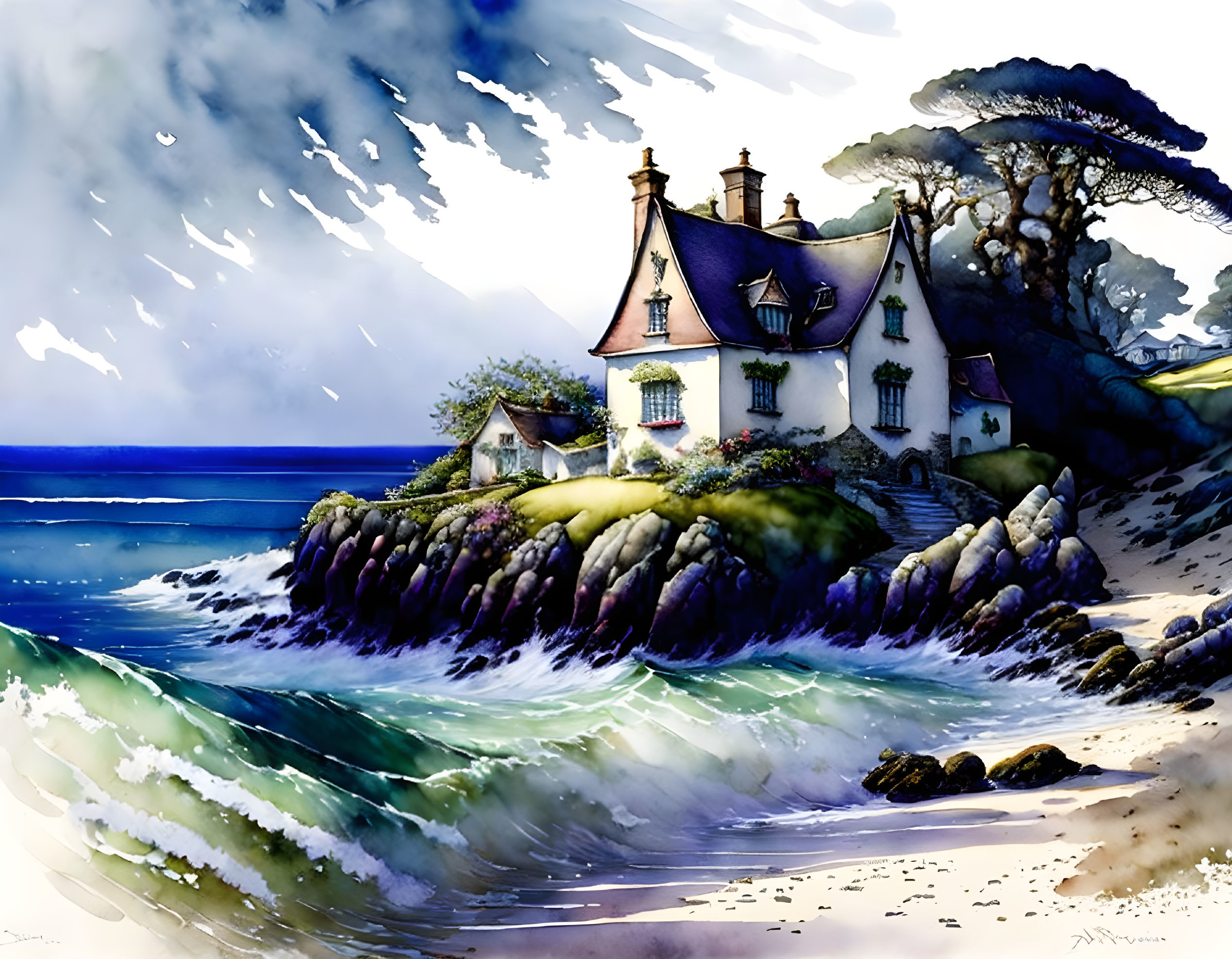 Seaside cottage with waves, rocks, and greenery