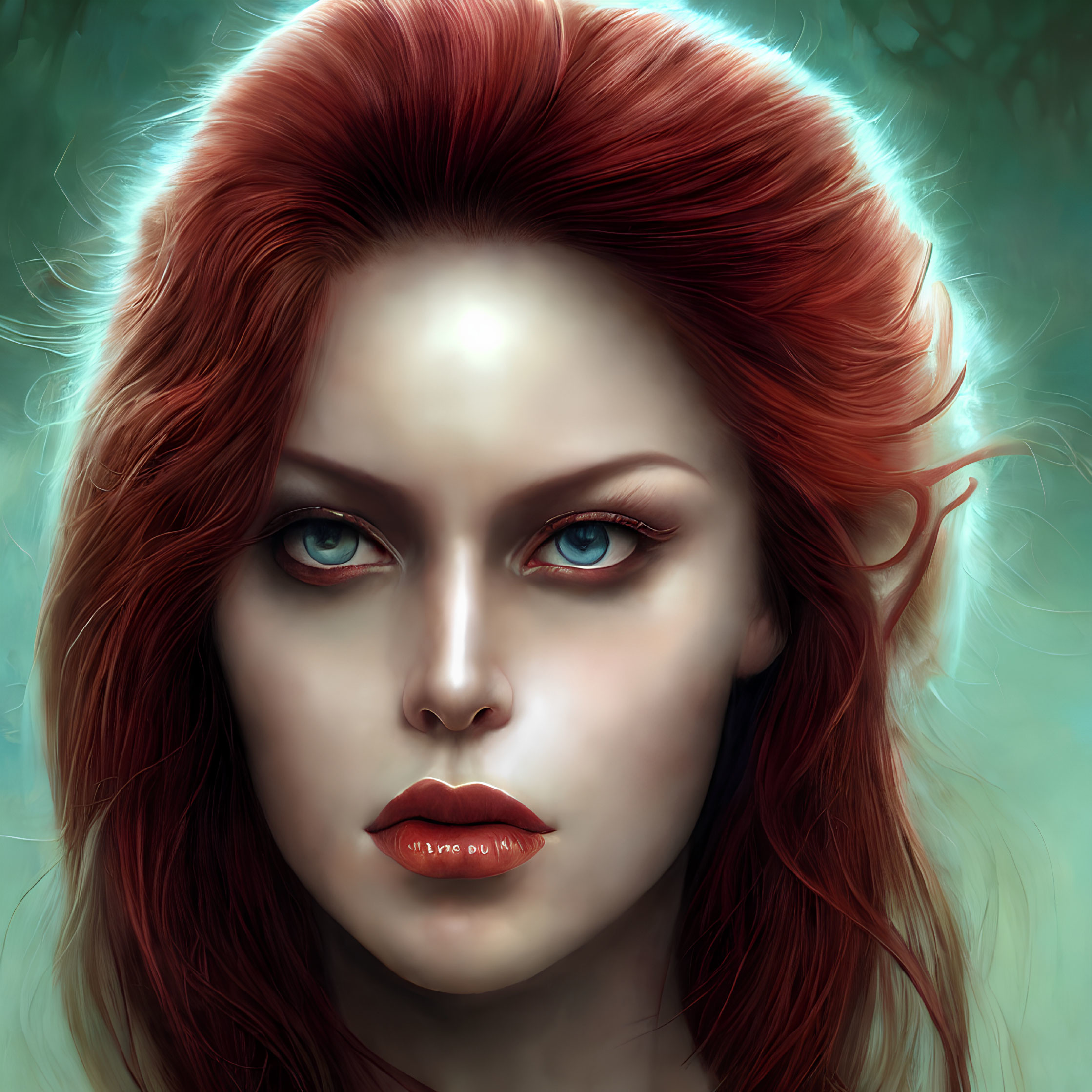 Detailed digital portrait of a woman with fiery red hair and intense blue eyes