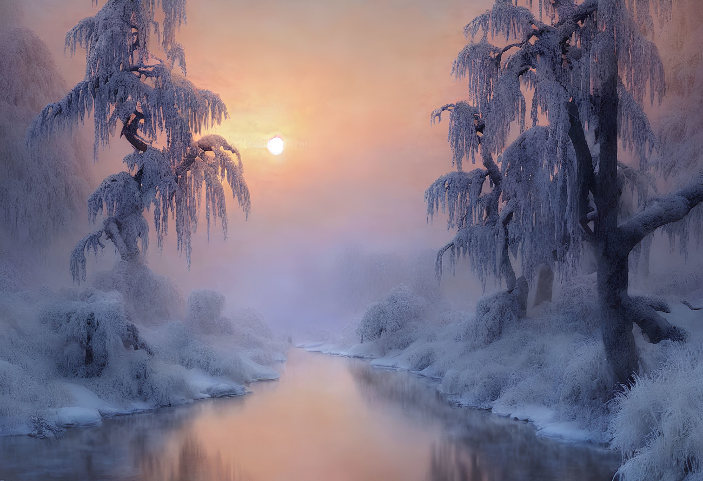 Tranquil snowy landscape at sunset with frost-covered trees and meandering river