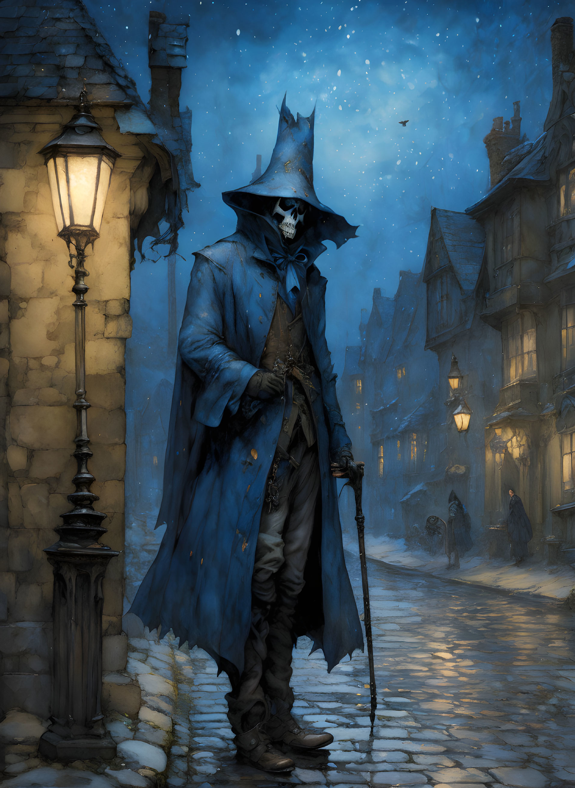 Skull-faced cloaked figure in misty, lamp-lit street