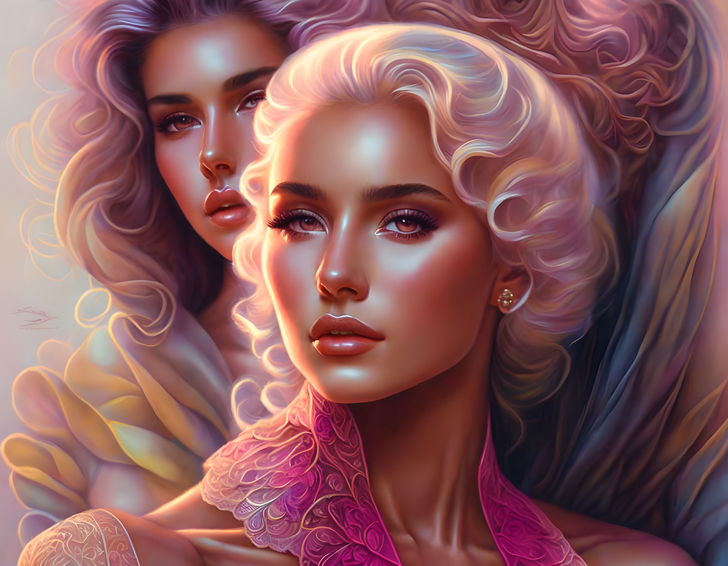 Stylized women with detailed makeup and flowing hair in warm tones