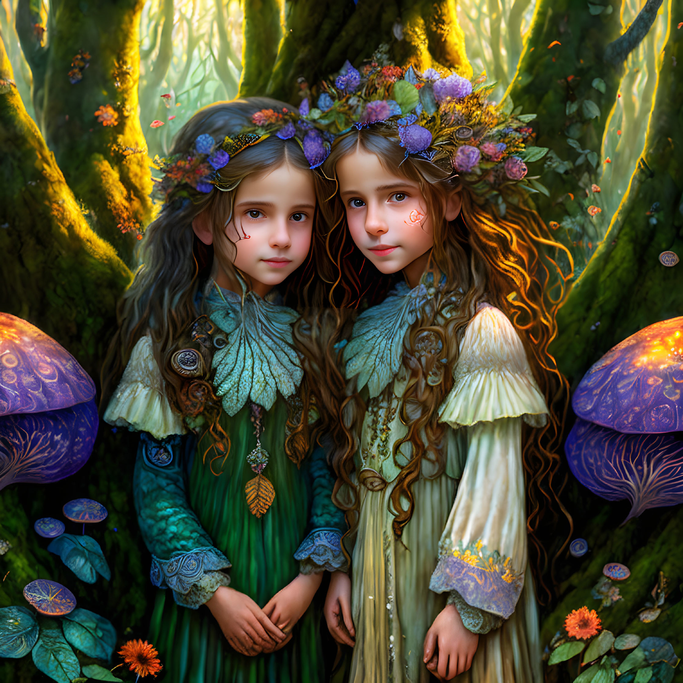 Whimsical forest scene with young girls, flower crowns, mushrooms, and glowing flora