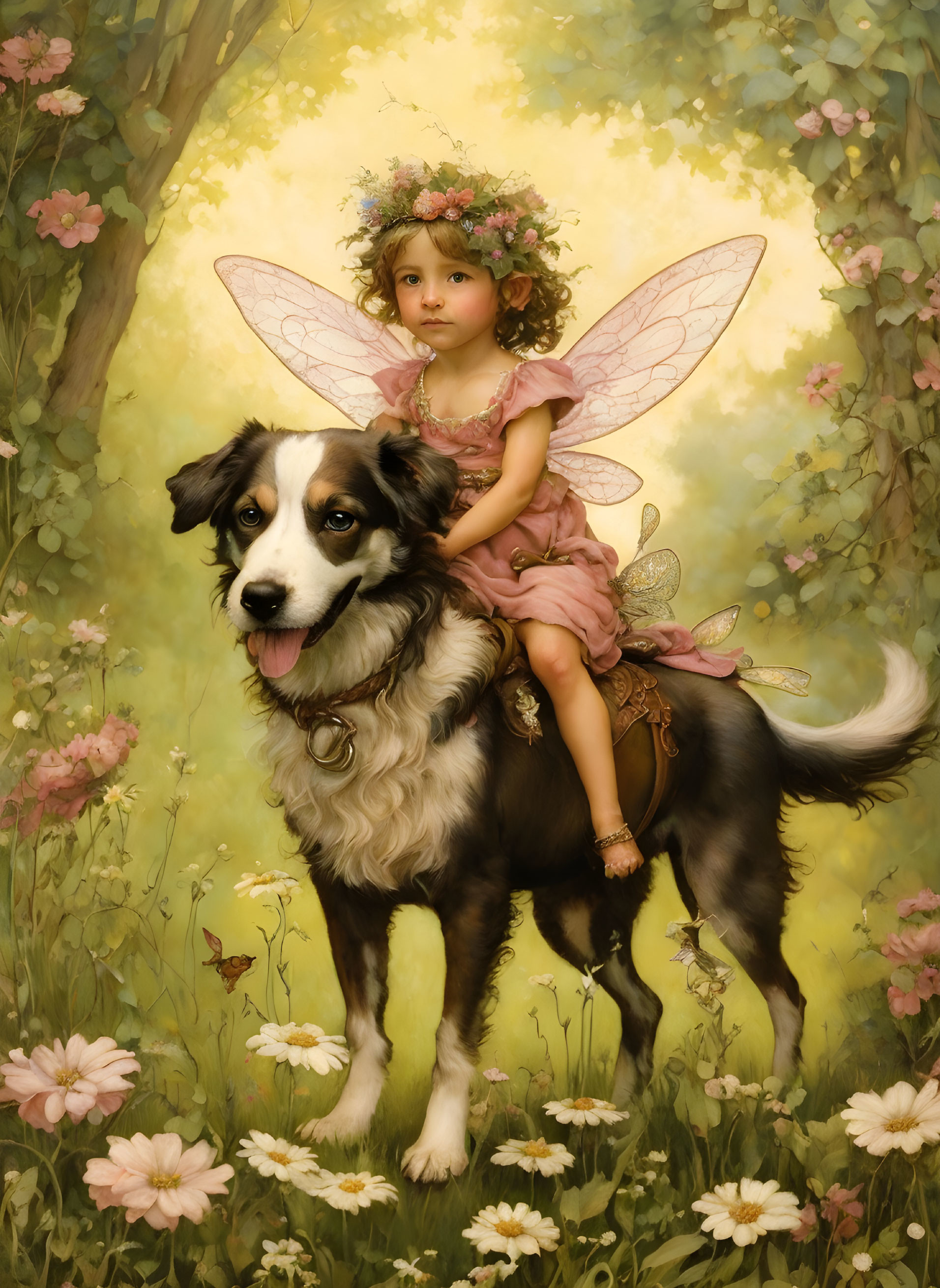 Young girl with fairy wings and floral wreath on dog in daisy field