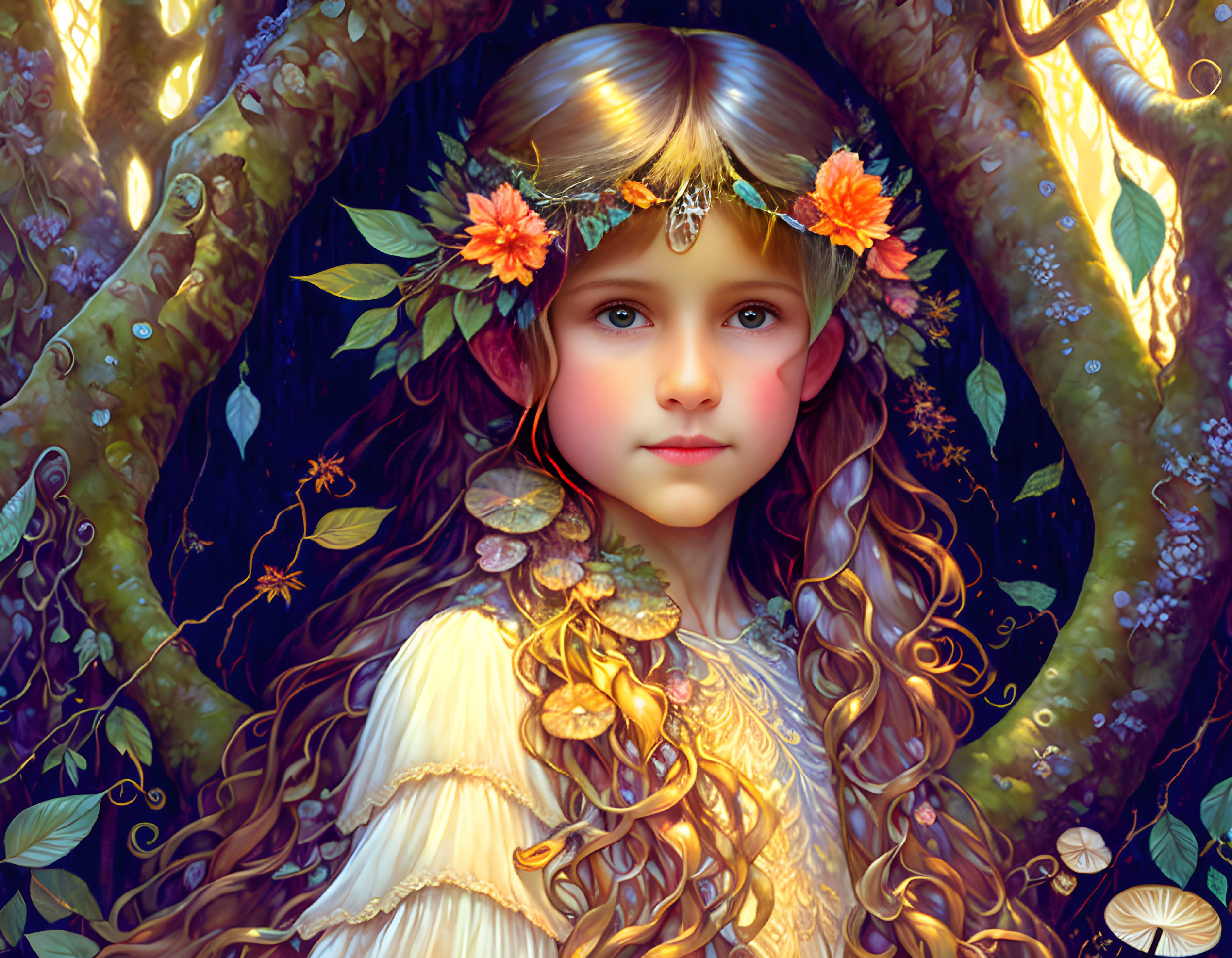 Curly-Haired Girl with Orange Flower Wreath in Mystical Forest