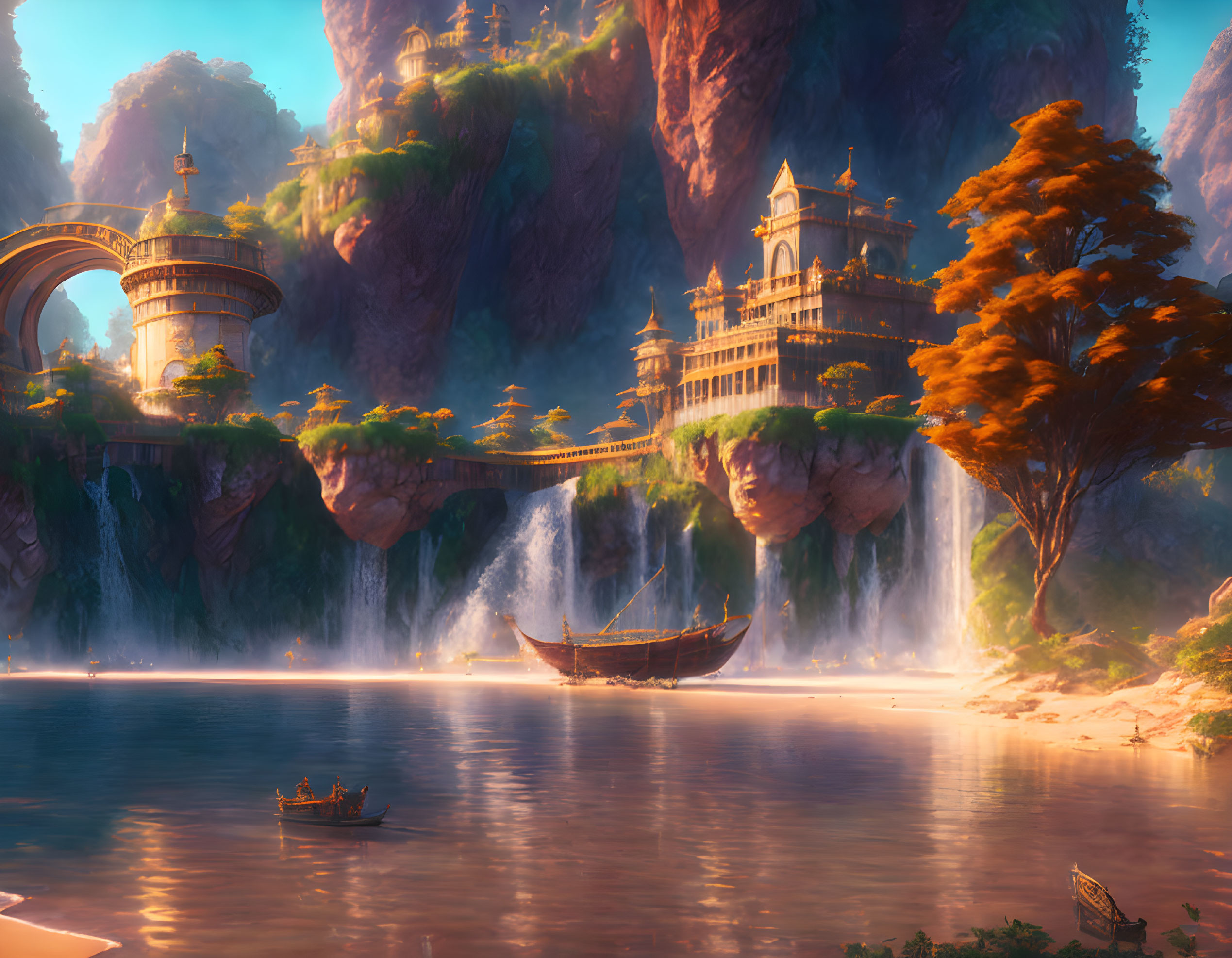 Majestic waterfall, castle, trees, boats in serene fantasy landscape