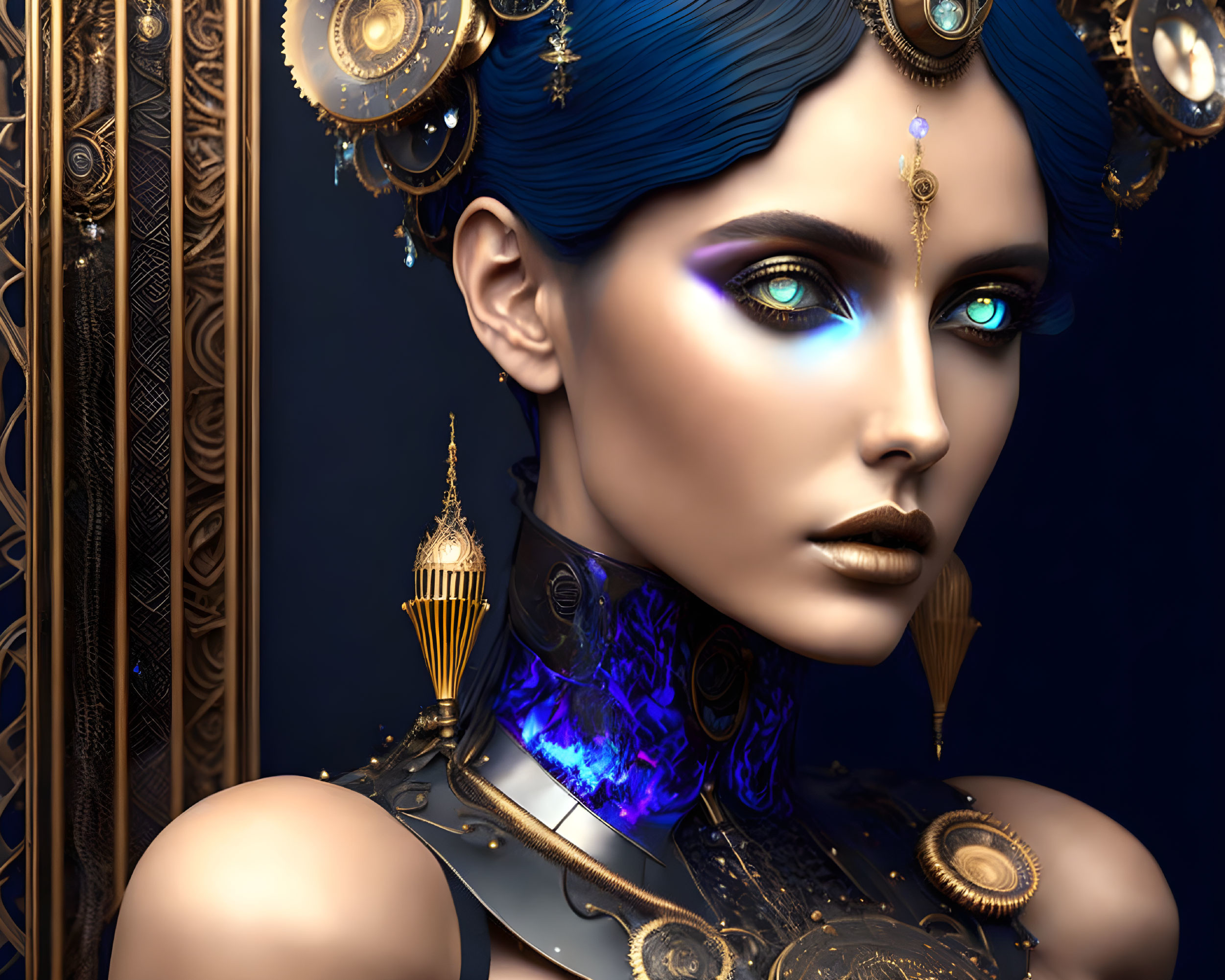 Blue-skinned female portrait: vibrant purple eye makeup, ornate gold jewelry, mystical blue glowing neck