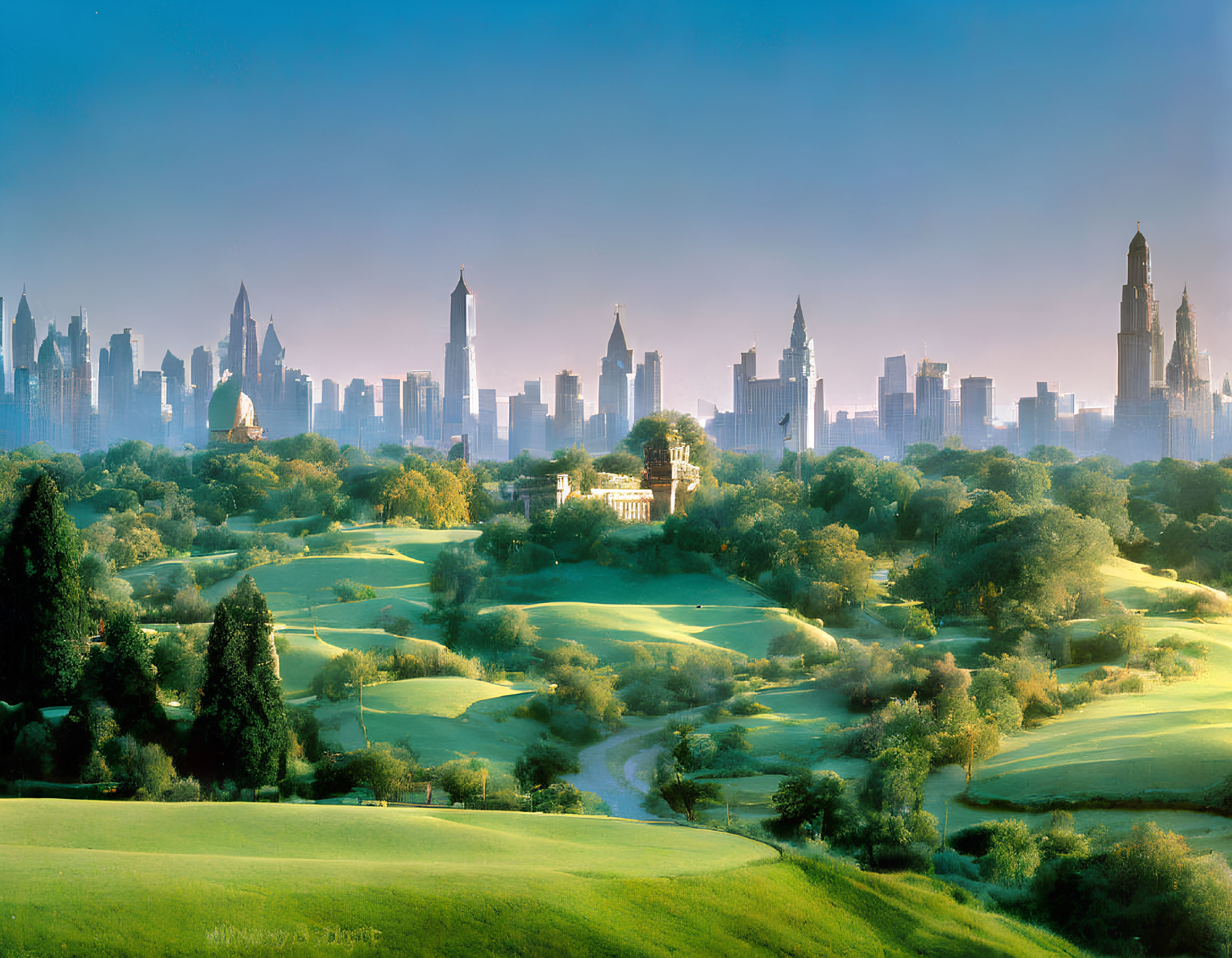 Lush Green Park with Rolling Hills and City Skyline View