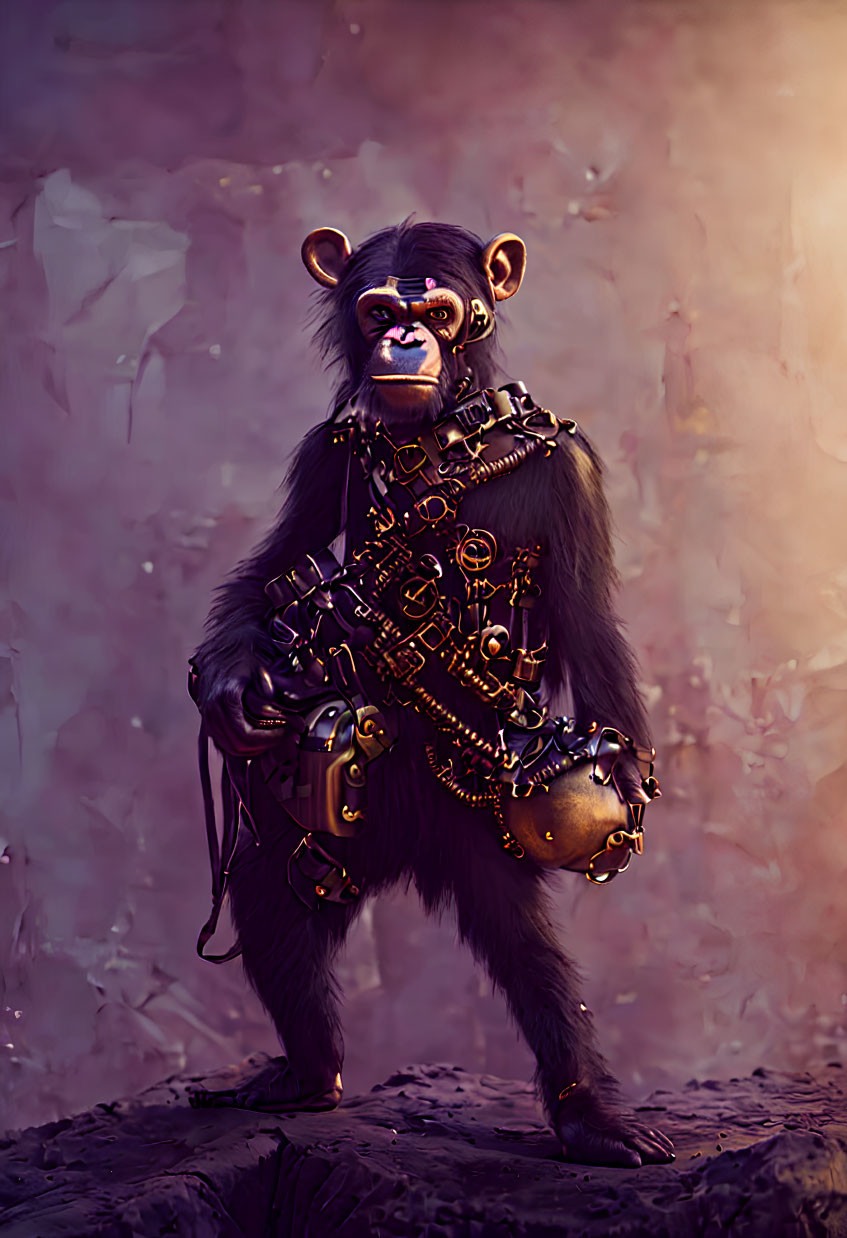 Chimpanzee in medieval armor on misty purple background