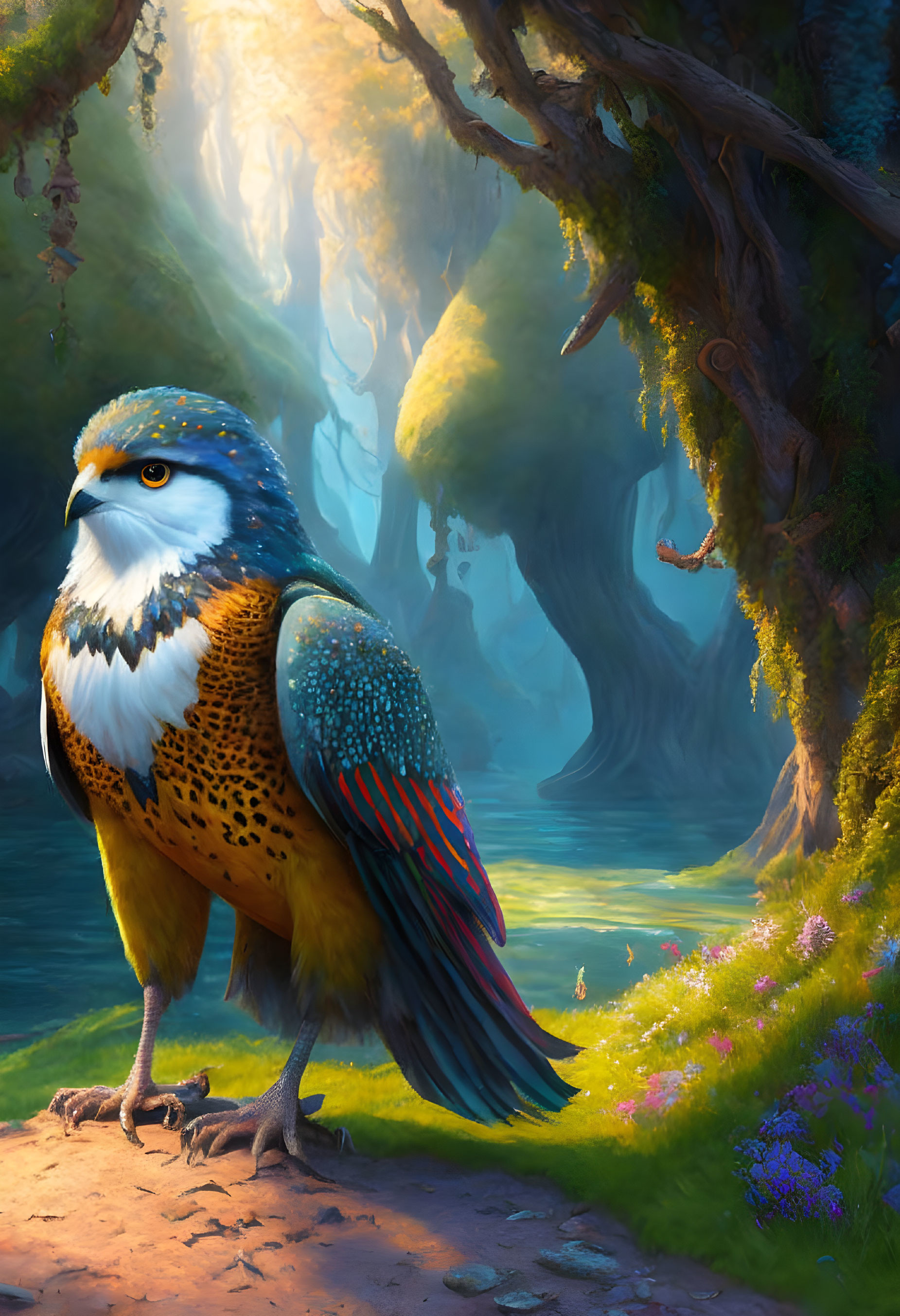 Colorful Bird in Mystical Forest with Sunlight and Flowers