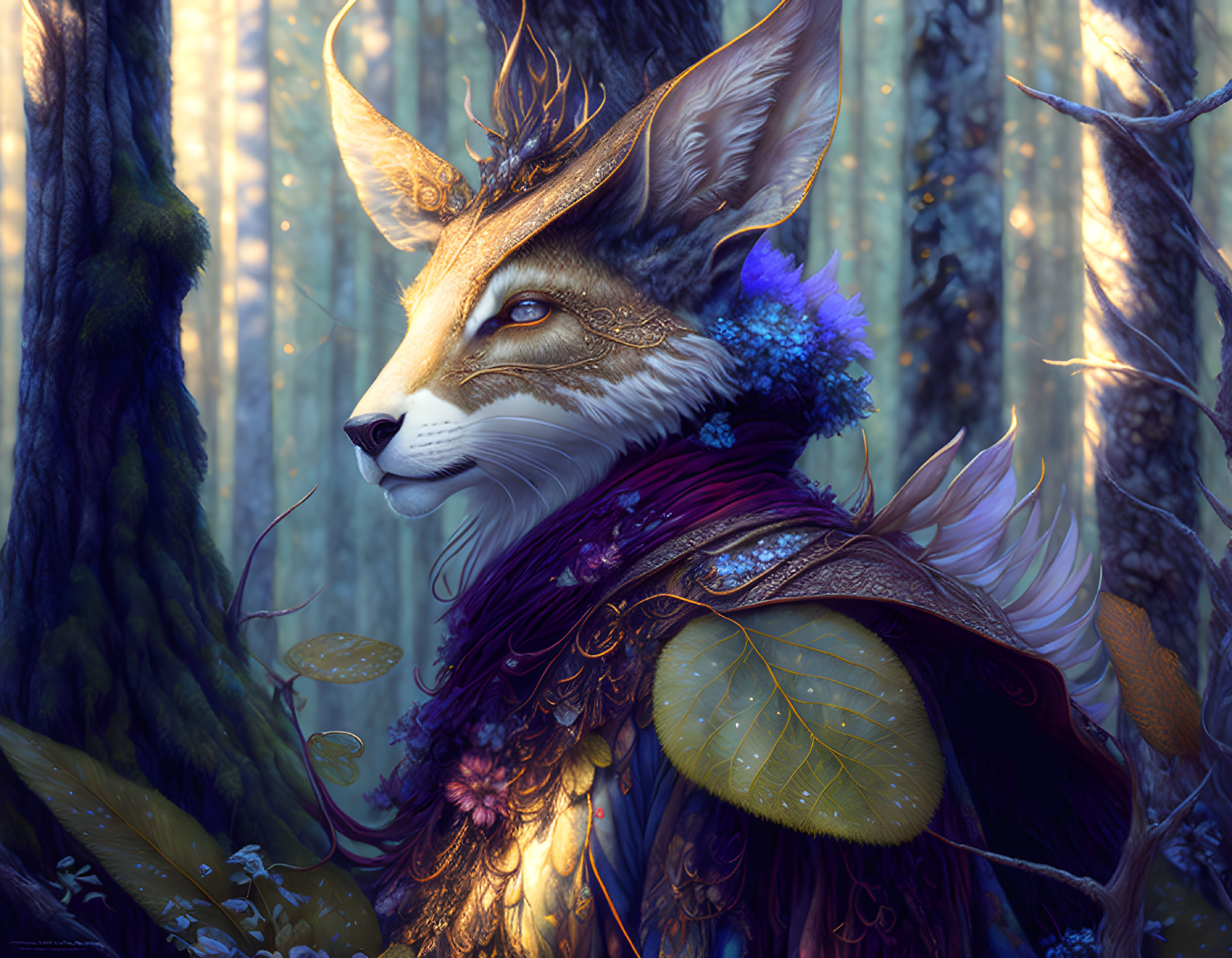 Anthropomorphic Fox with Blue Eyes and Golden Antlers in Enchanted Woods