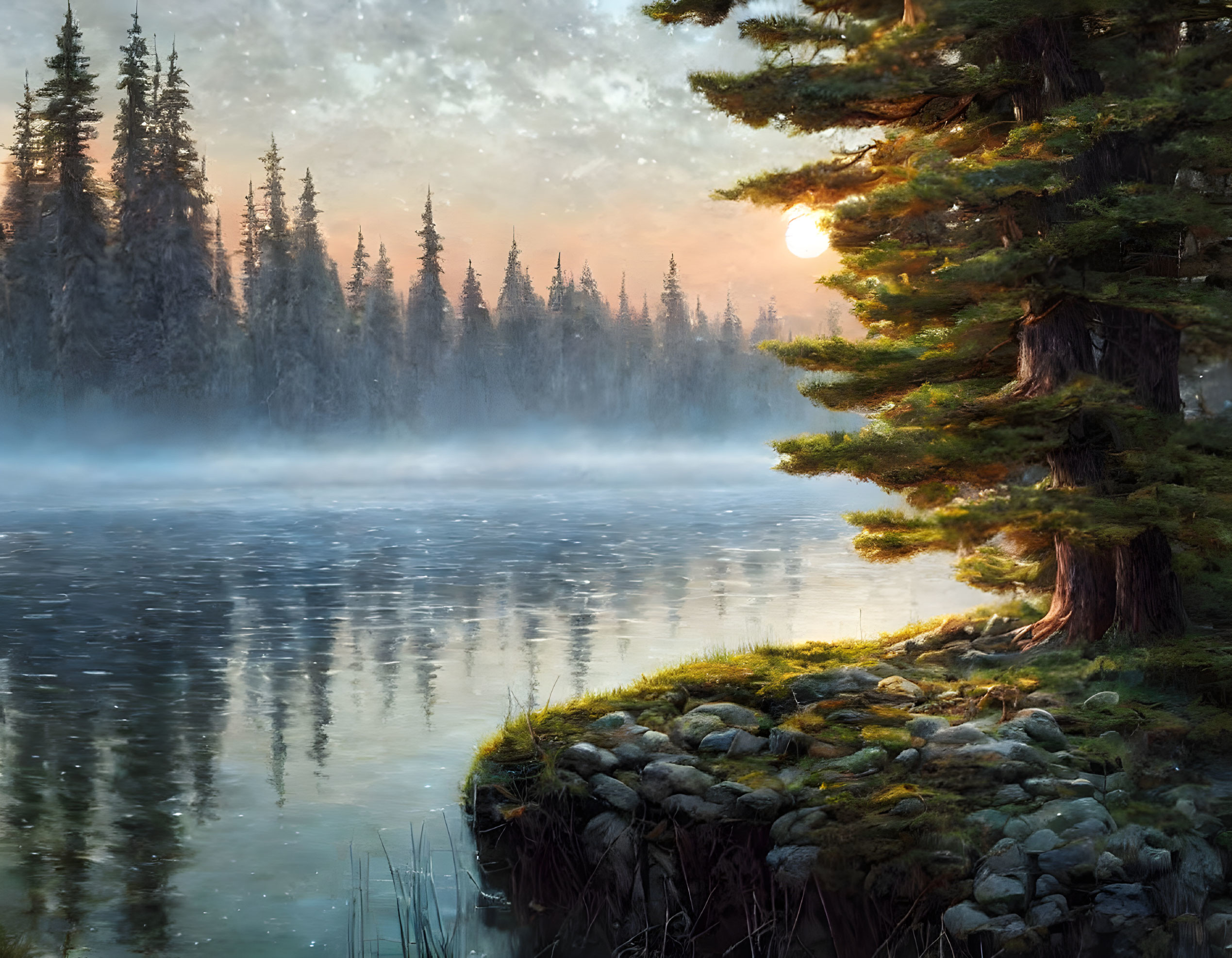 Tranquil Sunrise Scene: Misty Lake, Trees, Pastel Sky