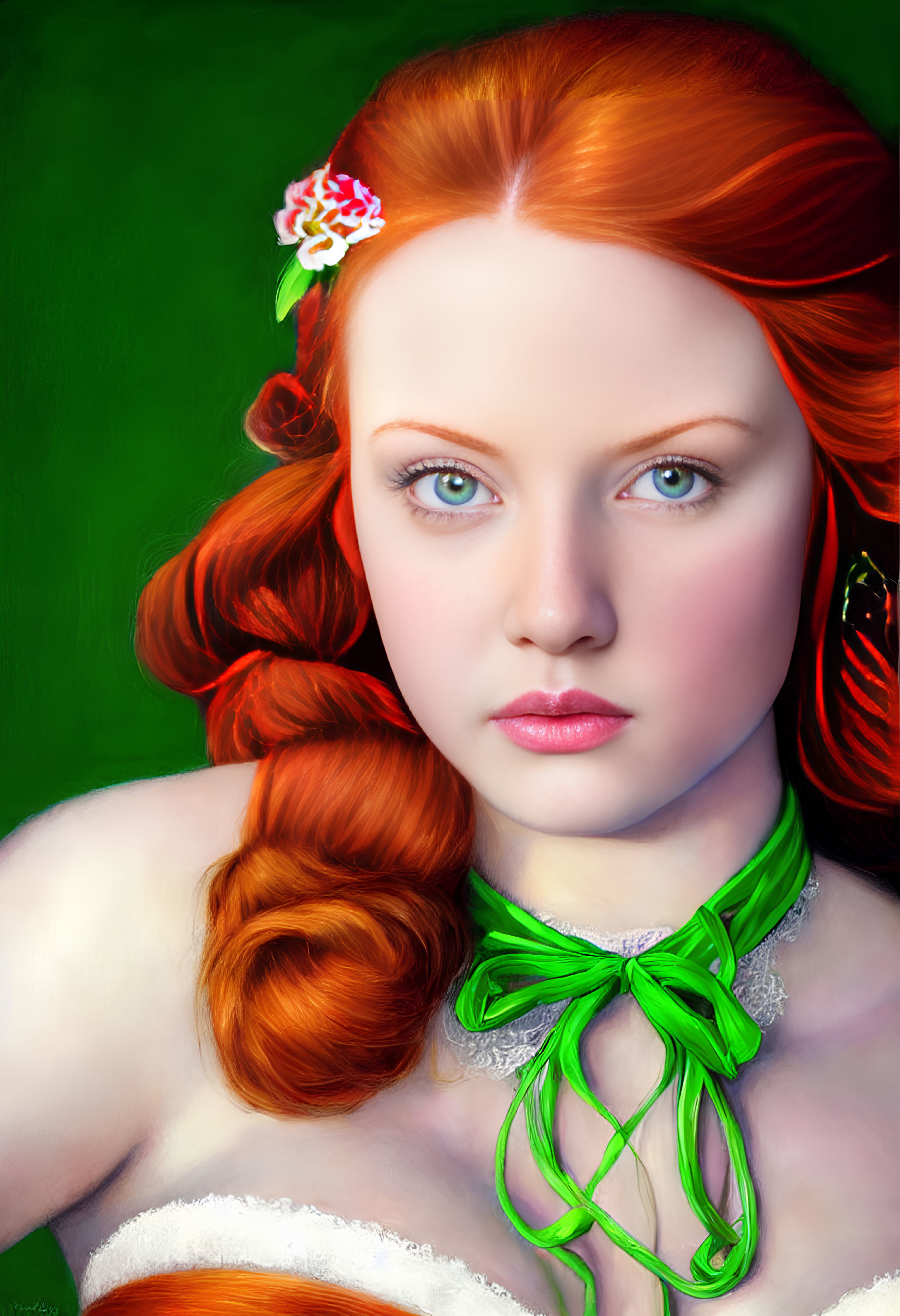 Illustrated portrait of young woman with red hair, green ribbon, and flower on green background