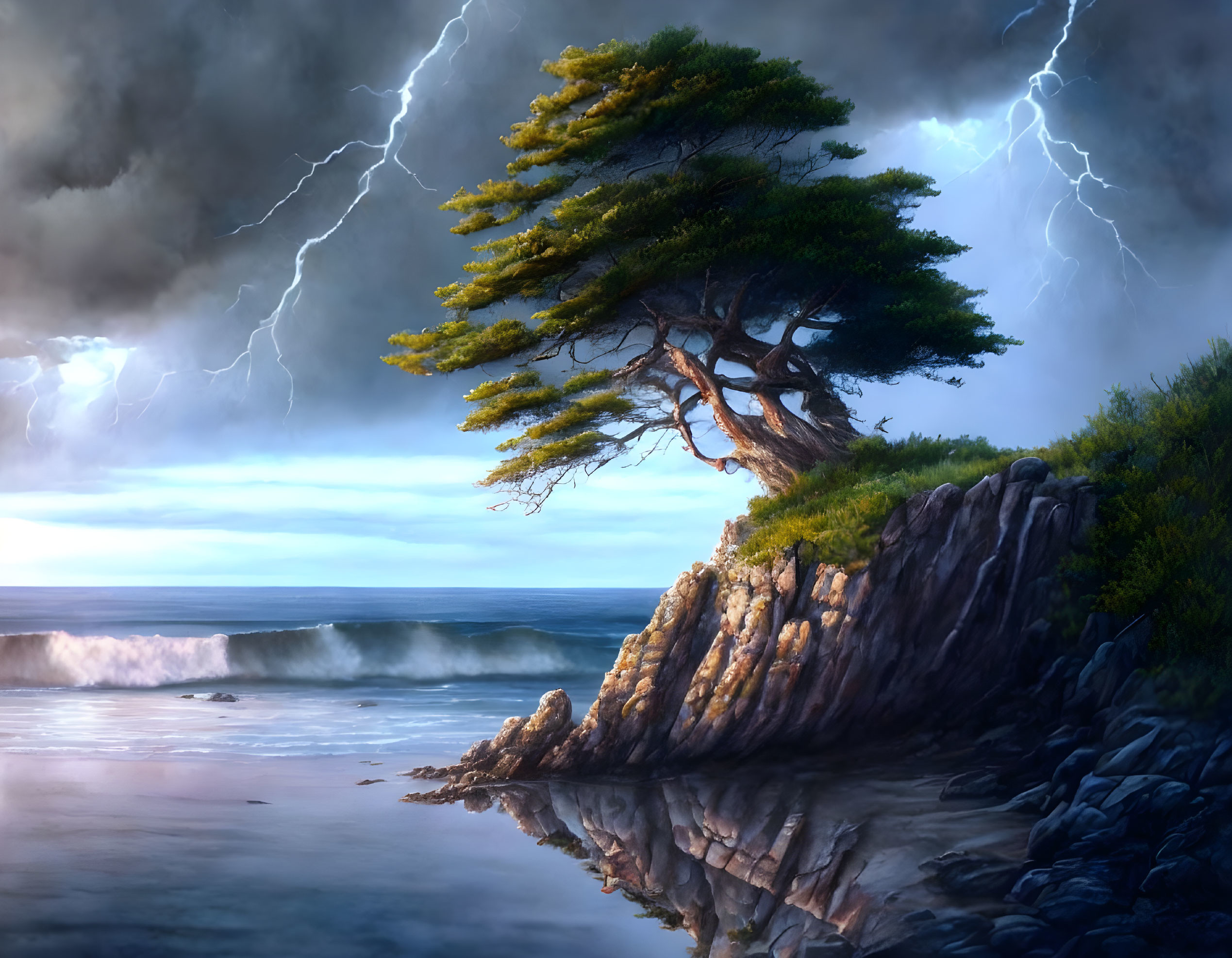 Solitary tree on cliff with stormy sky, lightning bolts, ocean waves.