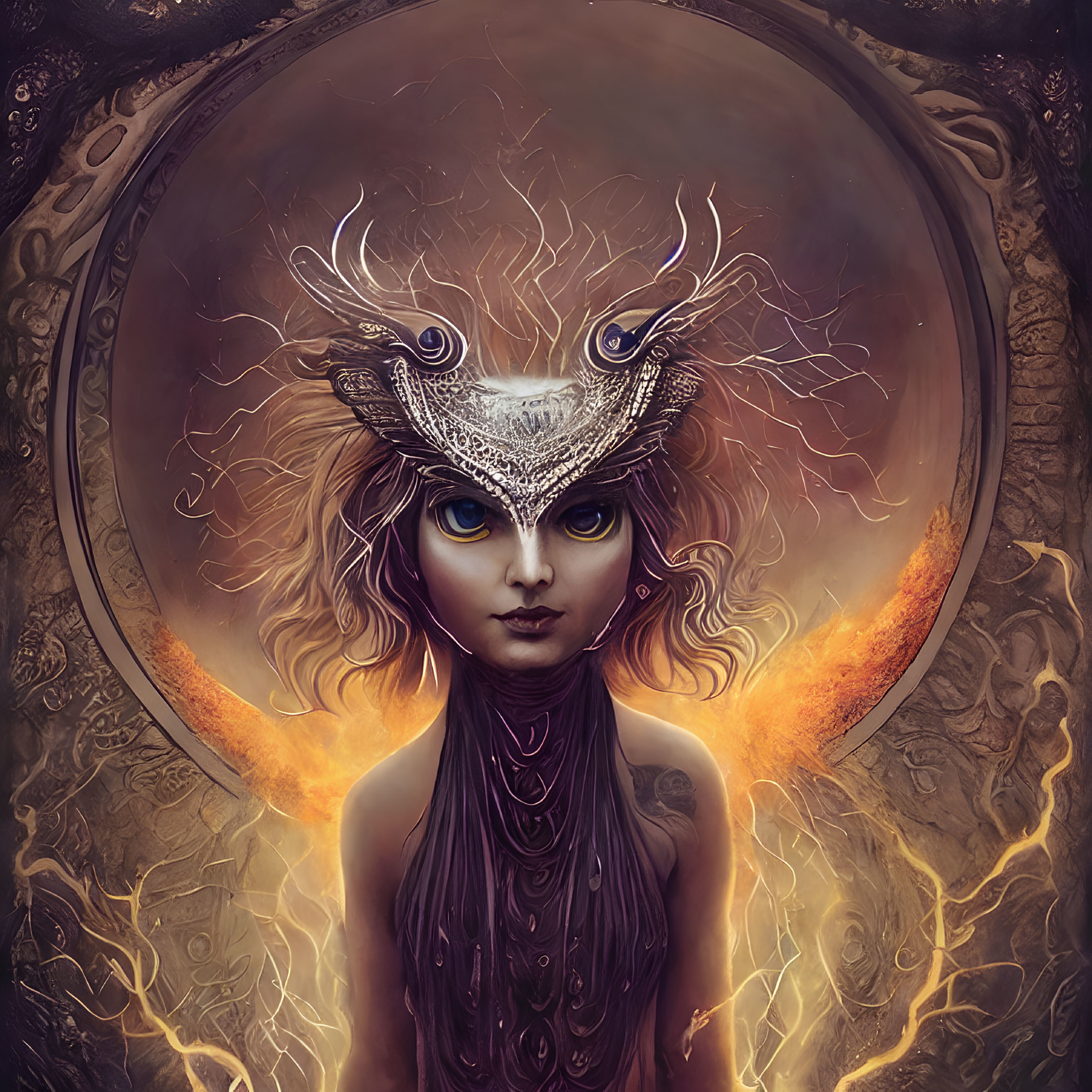 Mystical figure with blue eyes and ornate headdress in flames.