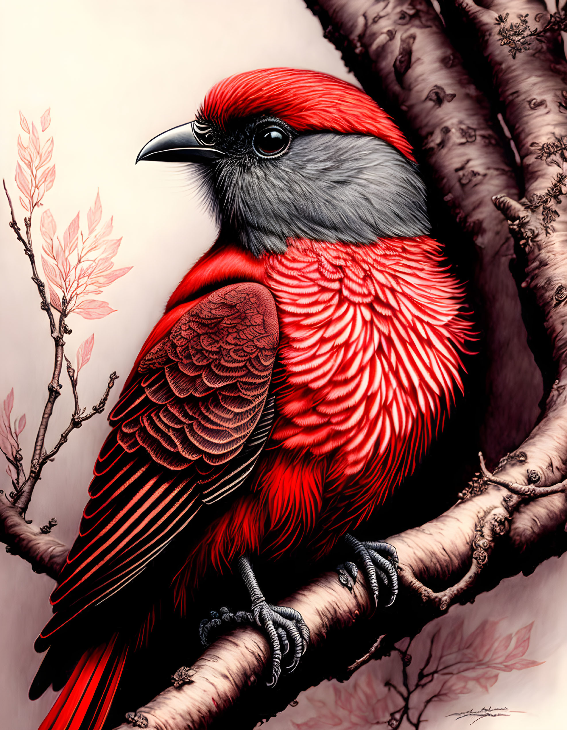 Vibrant red bird with grey accents perched on a branch against muted background