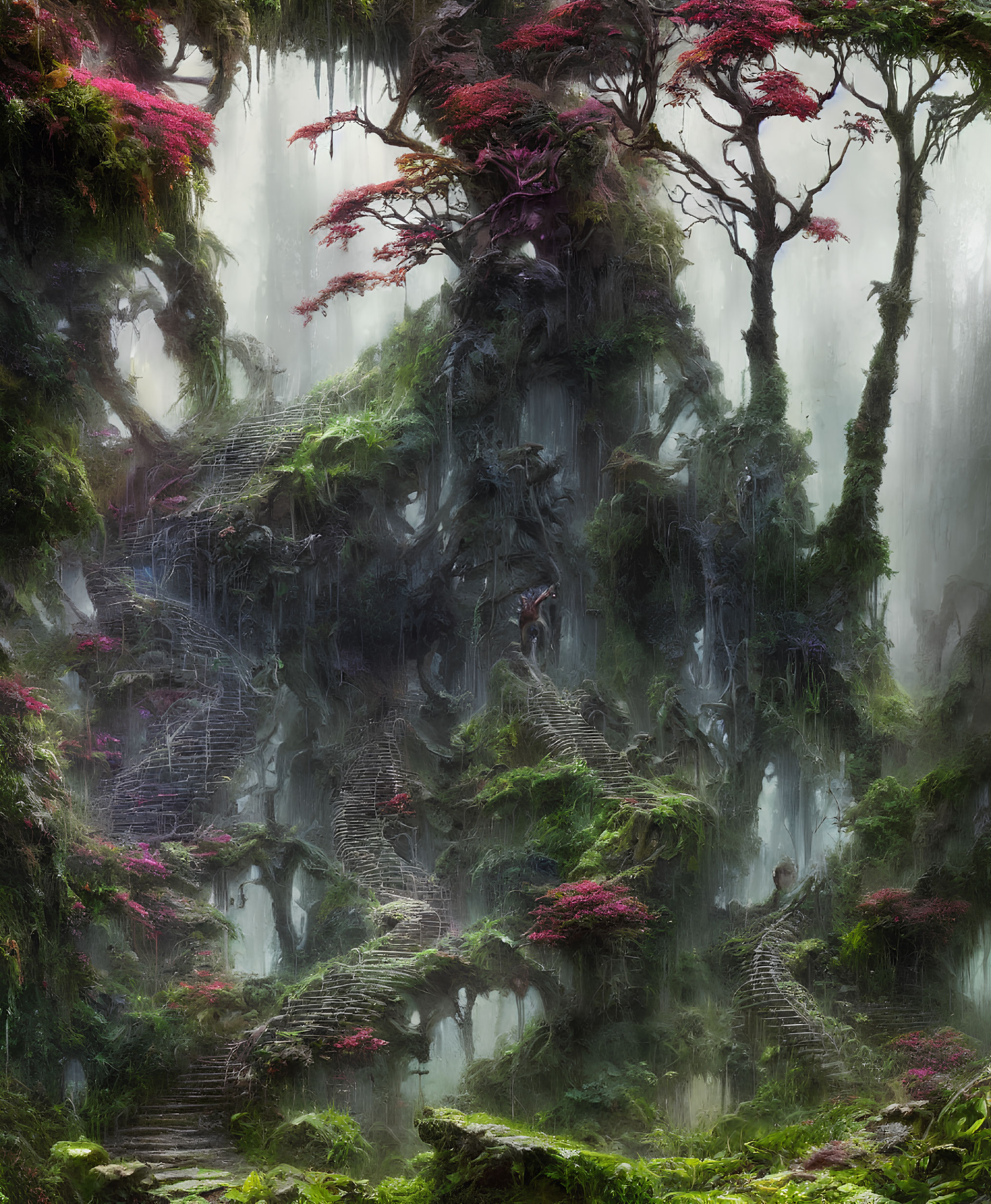 Enchanting forest with towering trees, pink foliage, misty ambiance, and intricate stairways.