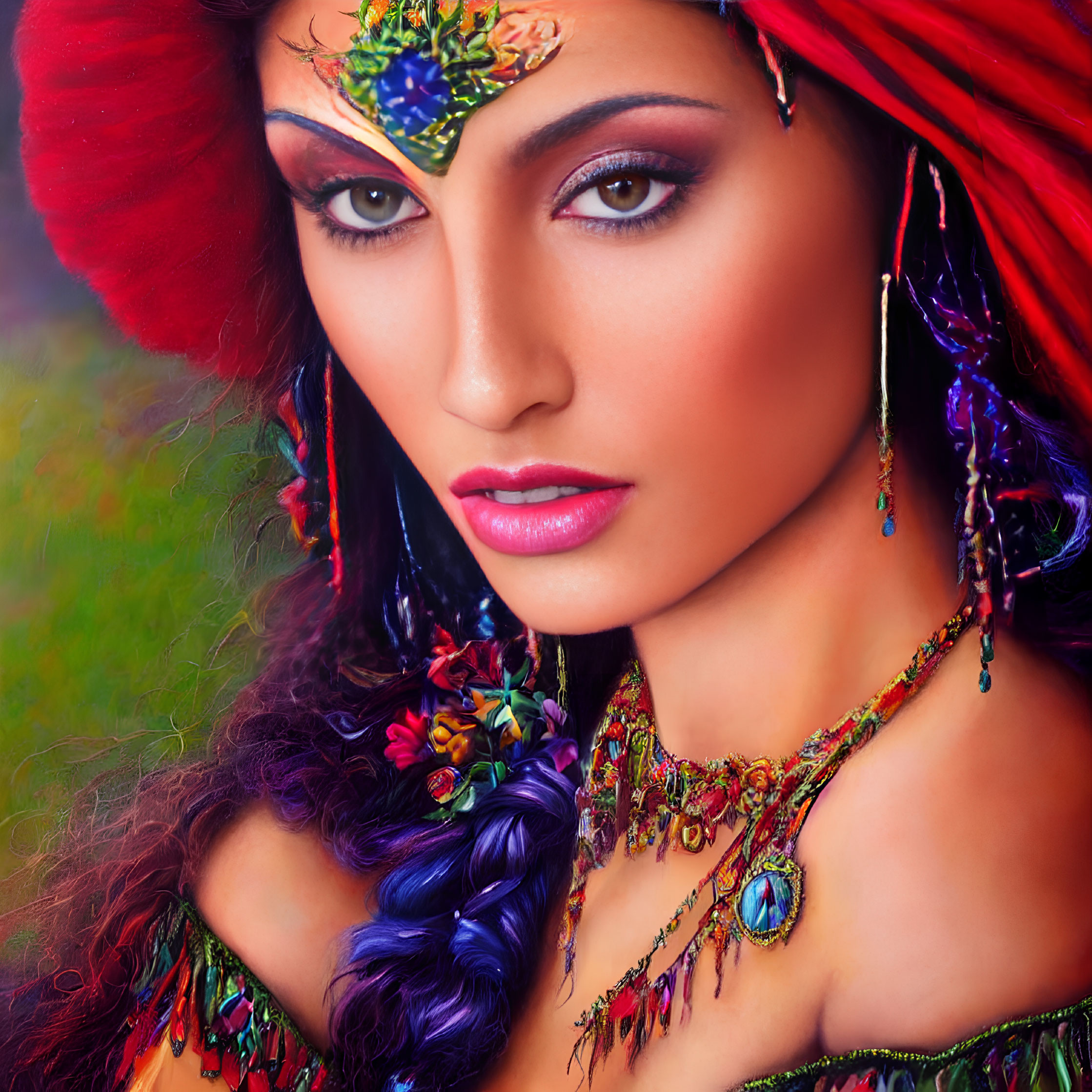 Portrait of a Woman with Vibrant Headdress, Blue Braid, and Bohemian Style