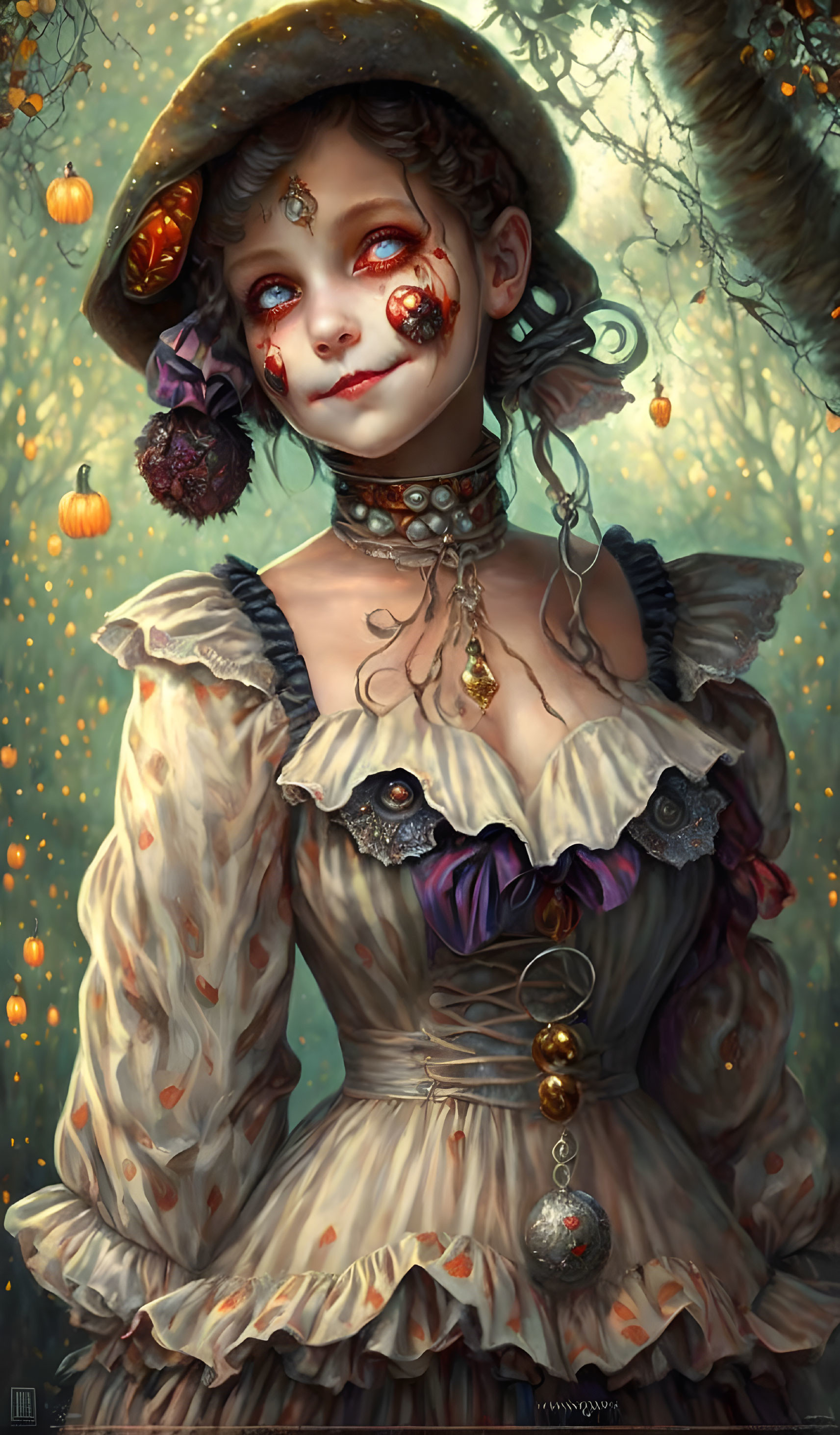 Whimsical female figure in Victorian Halloween attire